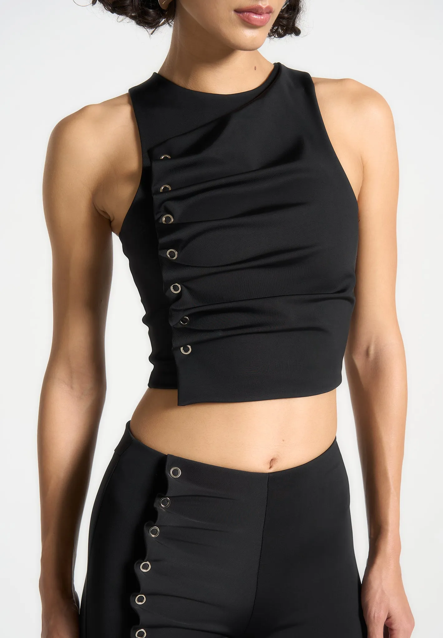 Durable Color Retention Eyelet Detail Tacked Racer Top  - Black