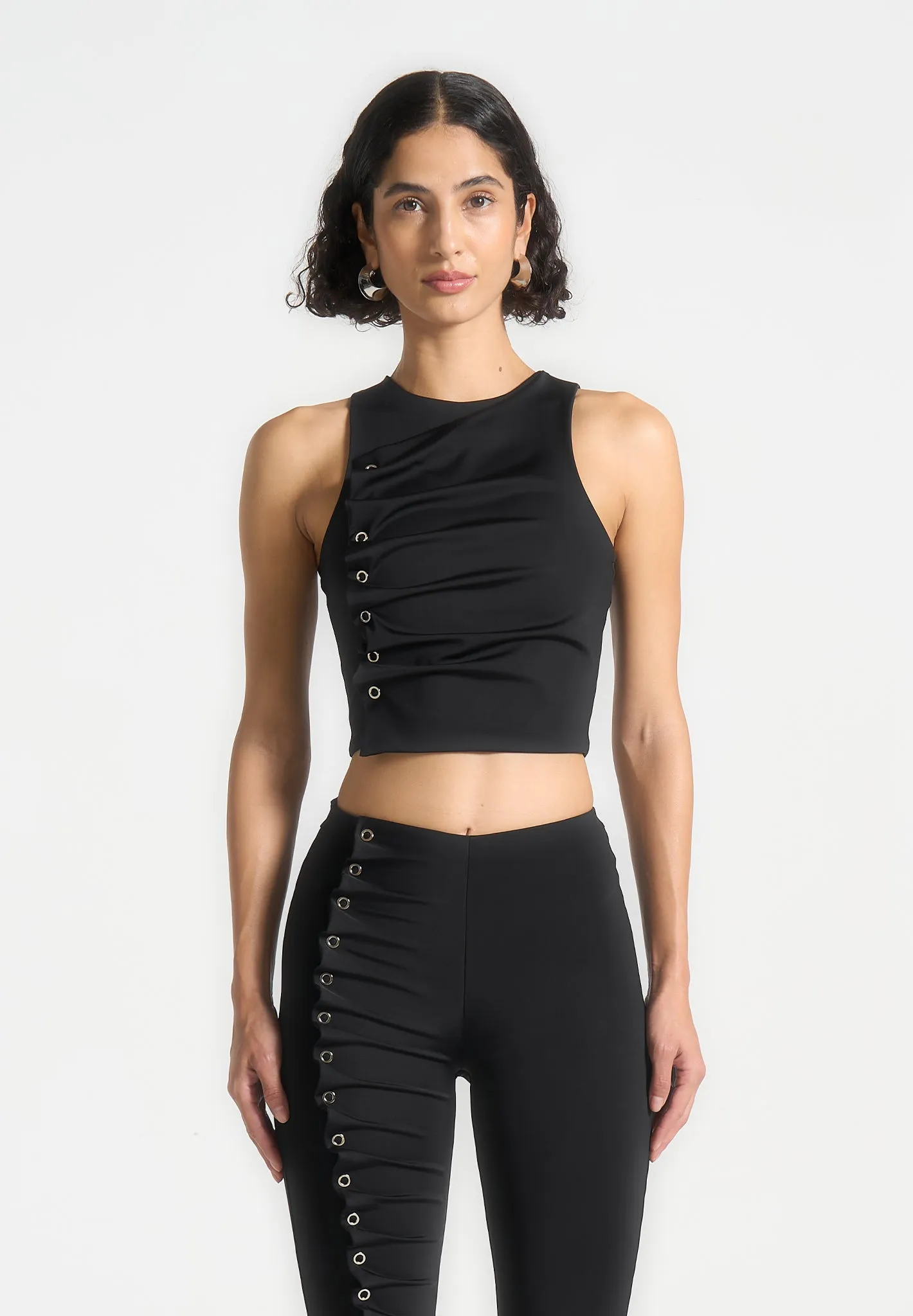 Eyelet Detail Tacked Racer Top  - Black Valentine's Day Active Look