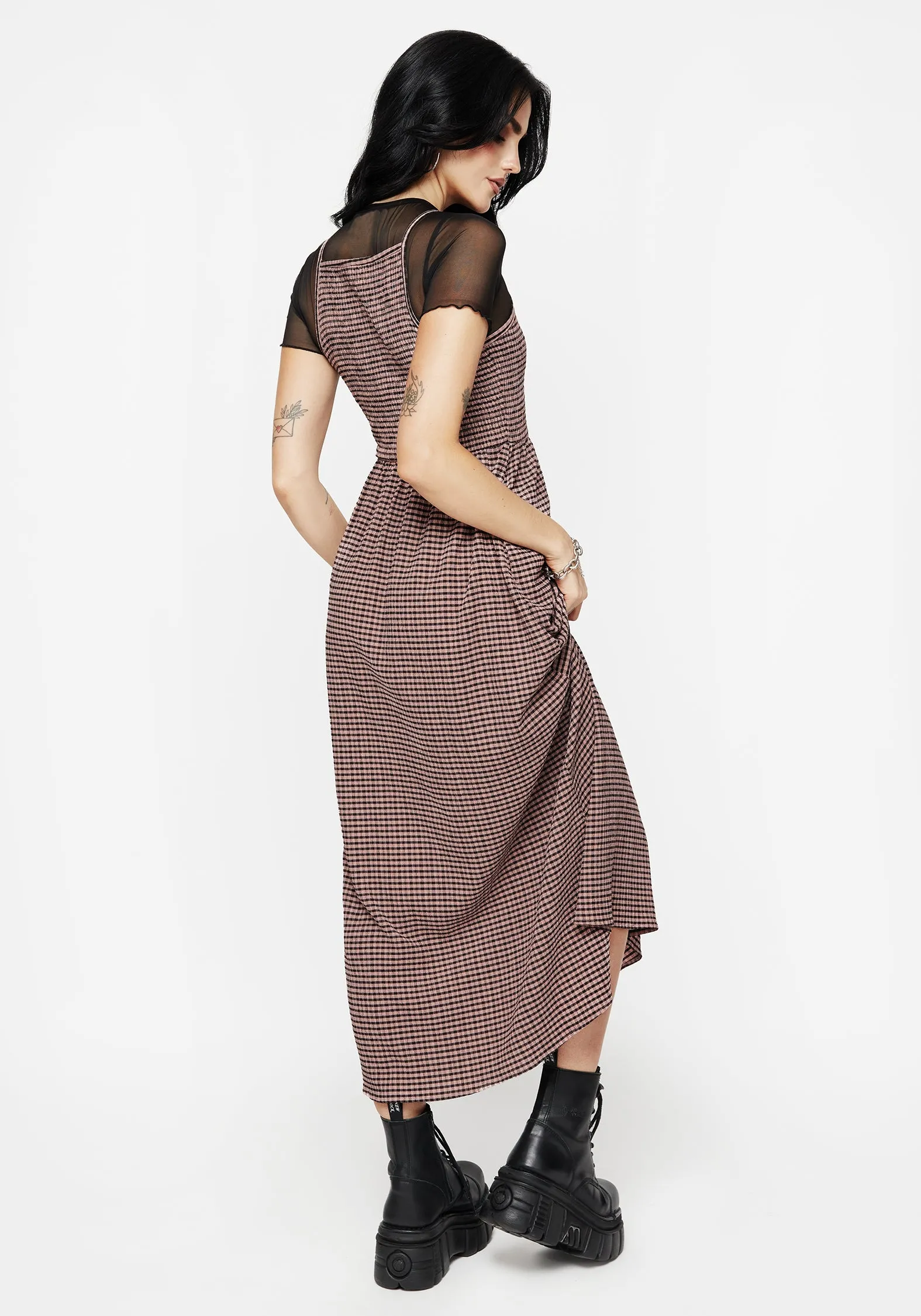 Midora Crinkle Check Racerback Midaxi Dress Asymmetrical hem Form Fit