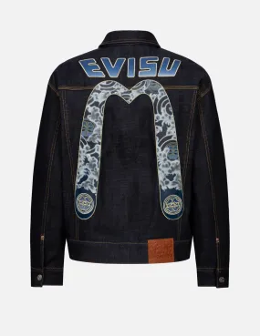 Cloud and Kamon-pattern Daicock Print Loose Fit Denim Jacket Durable Reinforced Hem