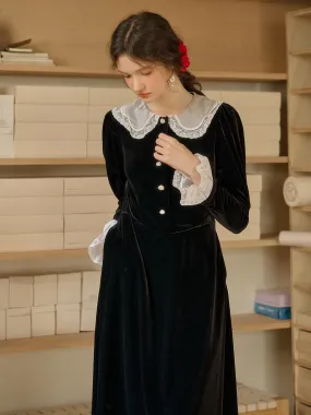 Soft Feel Fresh Look Milena Contrast Lace Lapel Leg-of-mutton Sleeve Lace Panel Velvet Dress