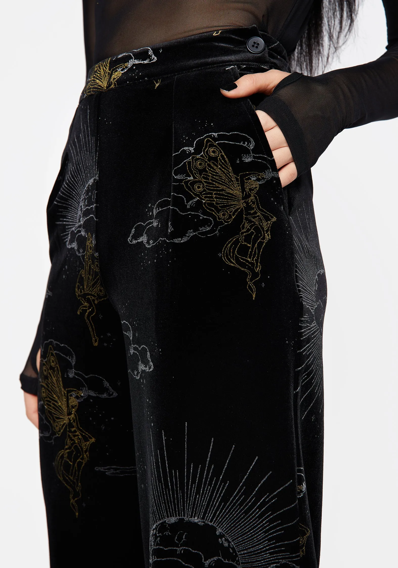 Adelina Foil Print Velour Wide Leg Trousers High End Quality Easy Layer