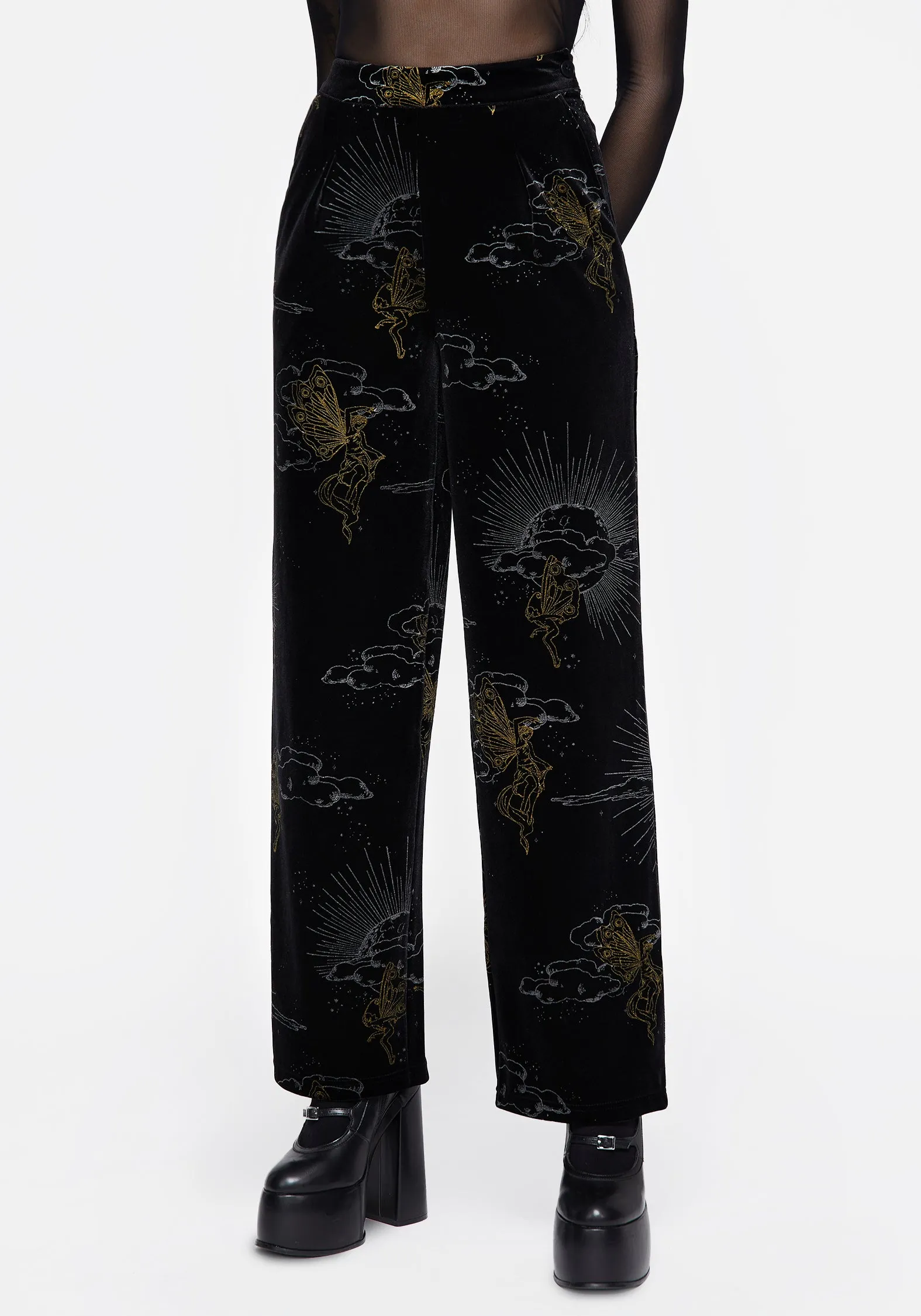 Adelina Foil Print Velour Wide Leg Trousers gentle style Tailored Cut