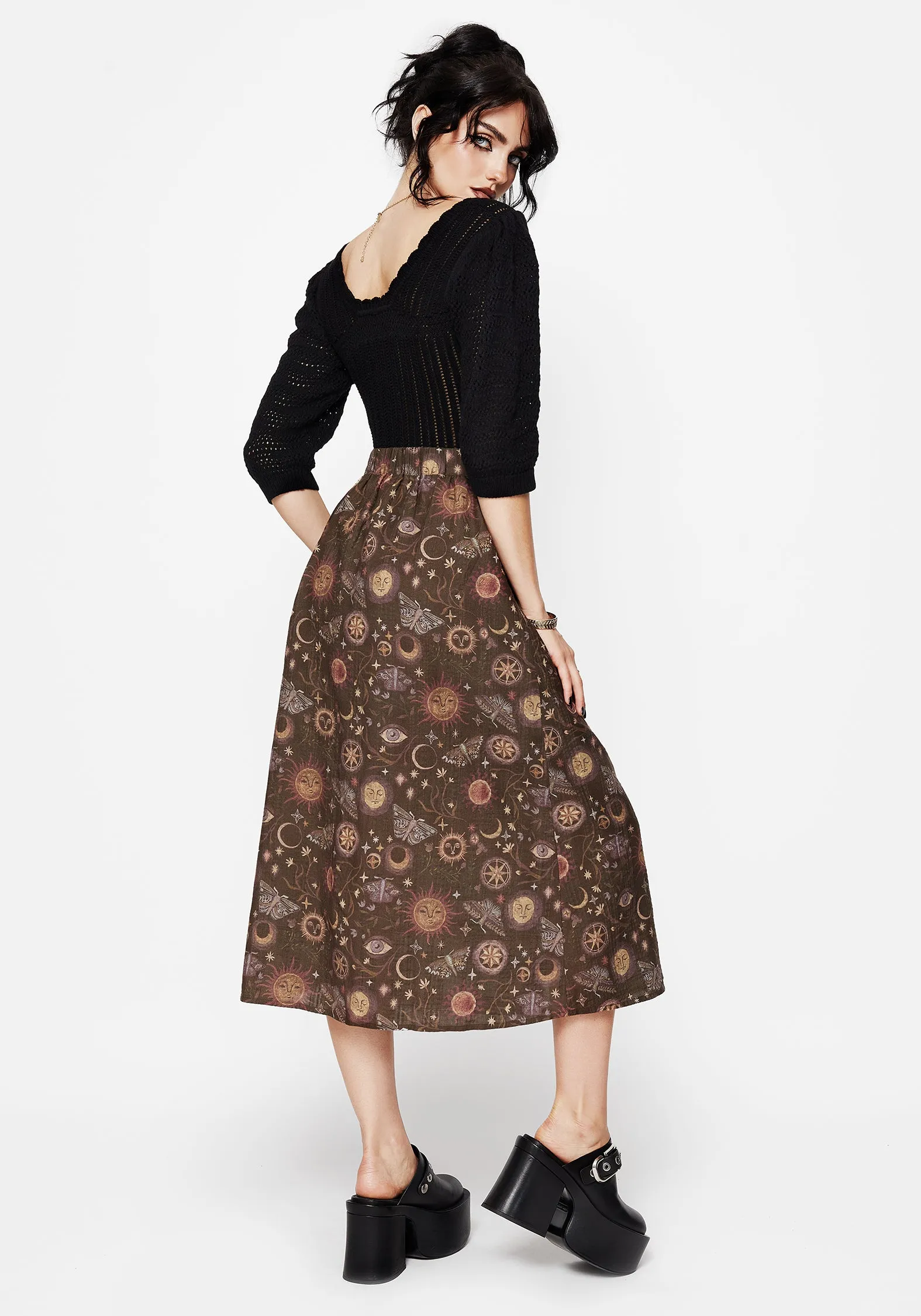 Stretchable Waist Mix Culture Rhea Cotton Blend Moth and Moon Print Midaxi Skirt