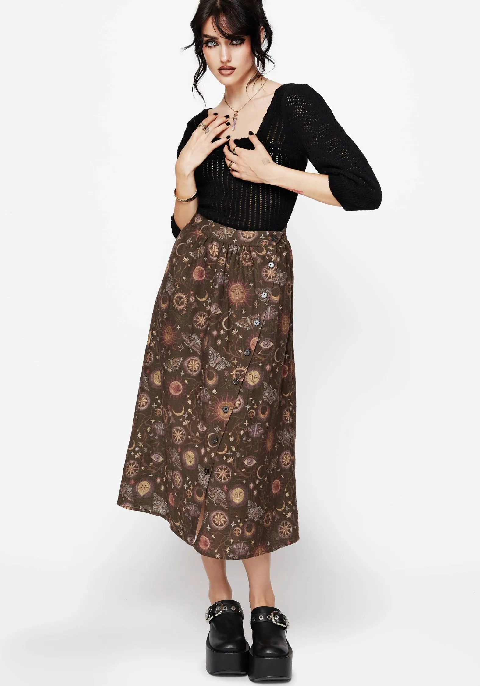 Rhea Cotton Blend Moth and Moon Print Midaxi Skirt Refined Texture Relaxed Mood