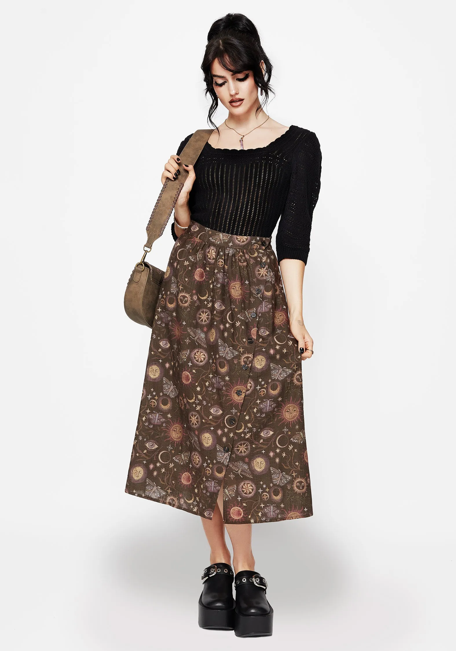 Rhea Cotton Blend Moth and Moon Print Midaxi Skirt Tailored Cut Performance Outfit