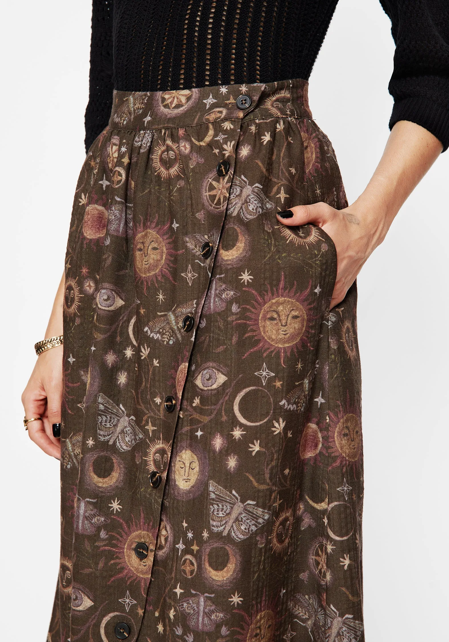 Rhea Cotton Blend Moth and Moon Print Midaxi Skirt Flared hem Soft Tones