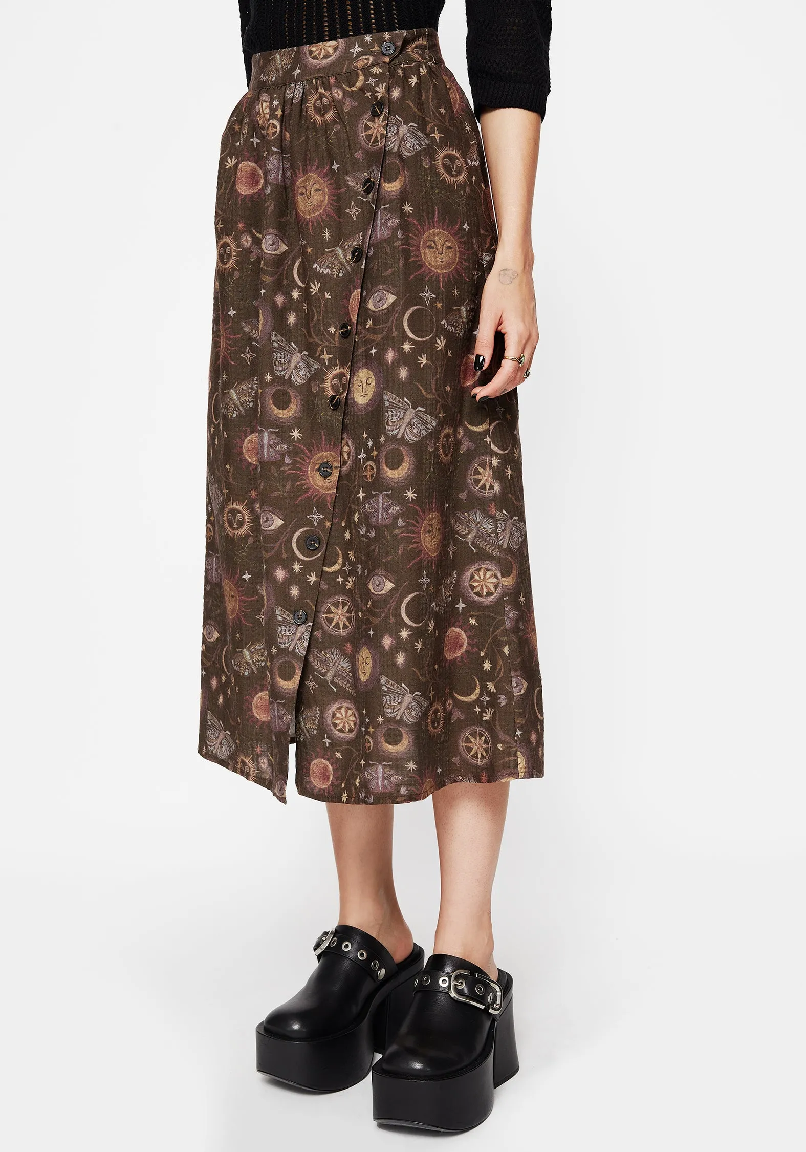 Daily Fashion Rhea Cotton Blend Moth and Moon Print Midaxi Skirt