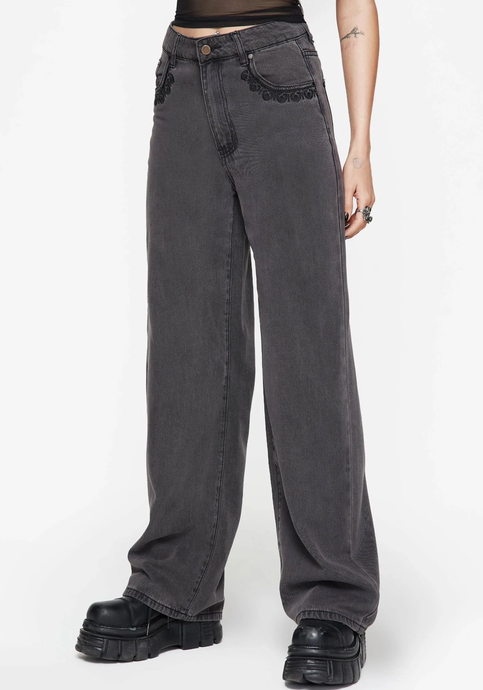 Spring Mood Bold Elegant Adult Fashion Nara Wide Leg Distressed Gothic Embroidery Jeans