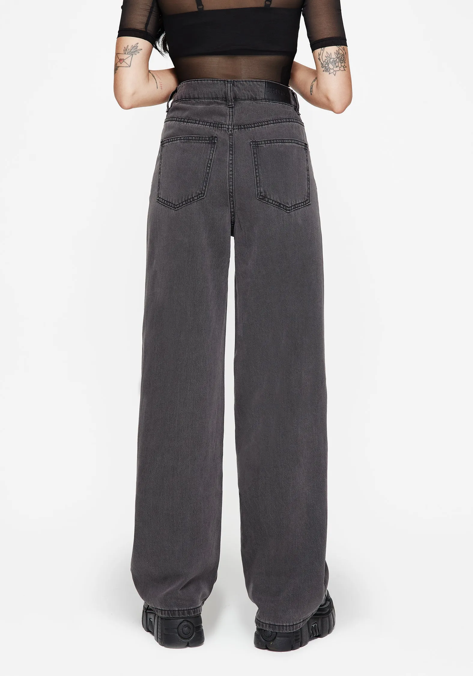 A Line Cut Designer Label Nara Wide Leg Distressed Gothic Embroidery Jeans