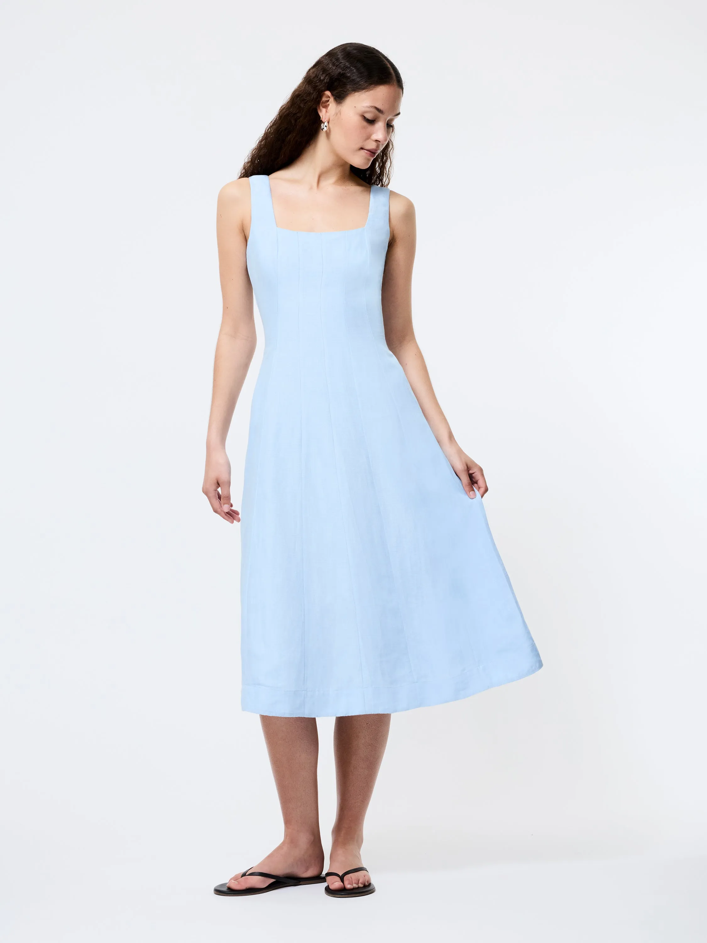 Birdie Linen Square Neck Midi Dress Elegant Layering Soft Balance