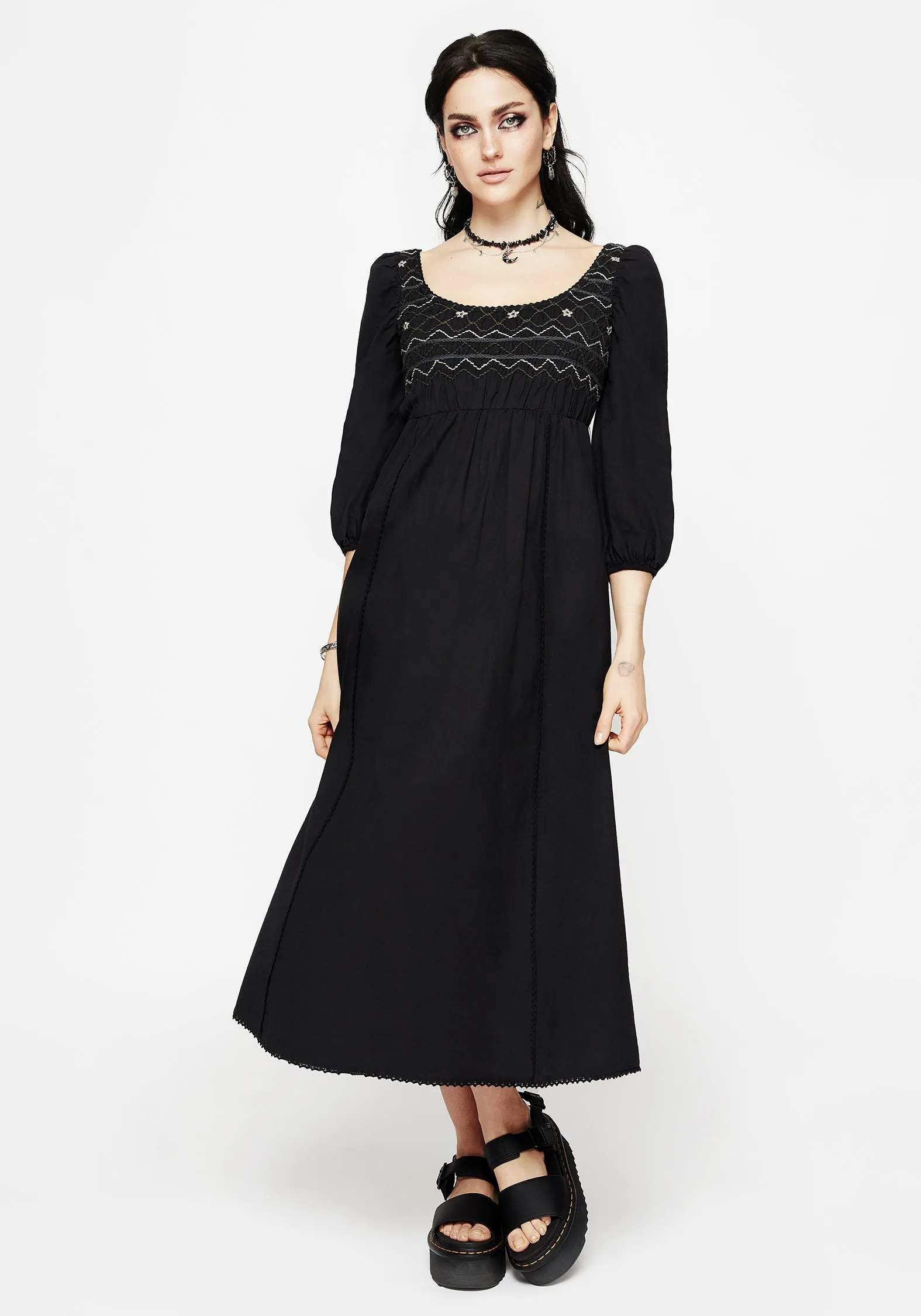 Larissa Hand Embroidered Smocked Midaxi Dress Kimono-Sleeve Applique-Detail