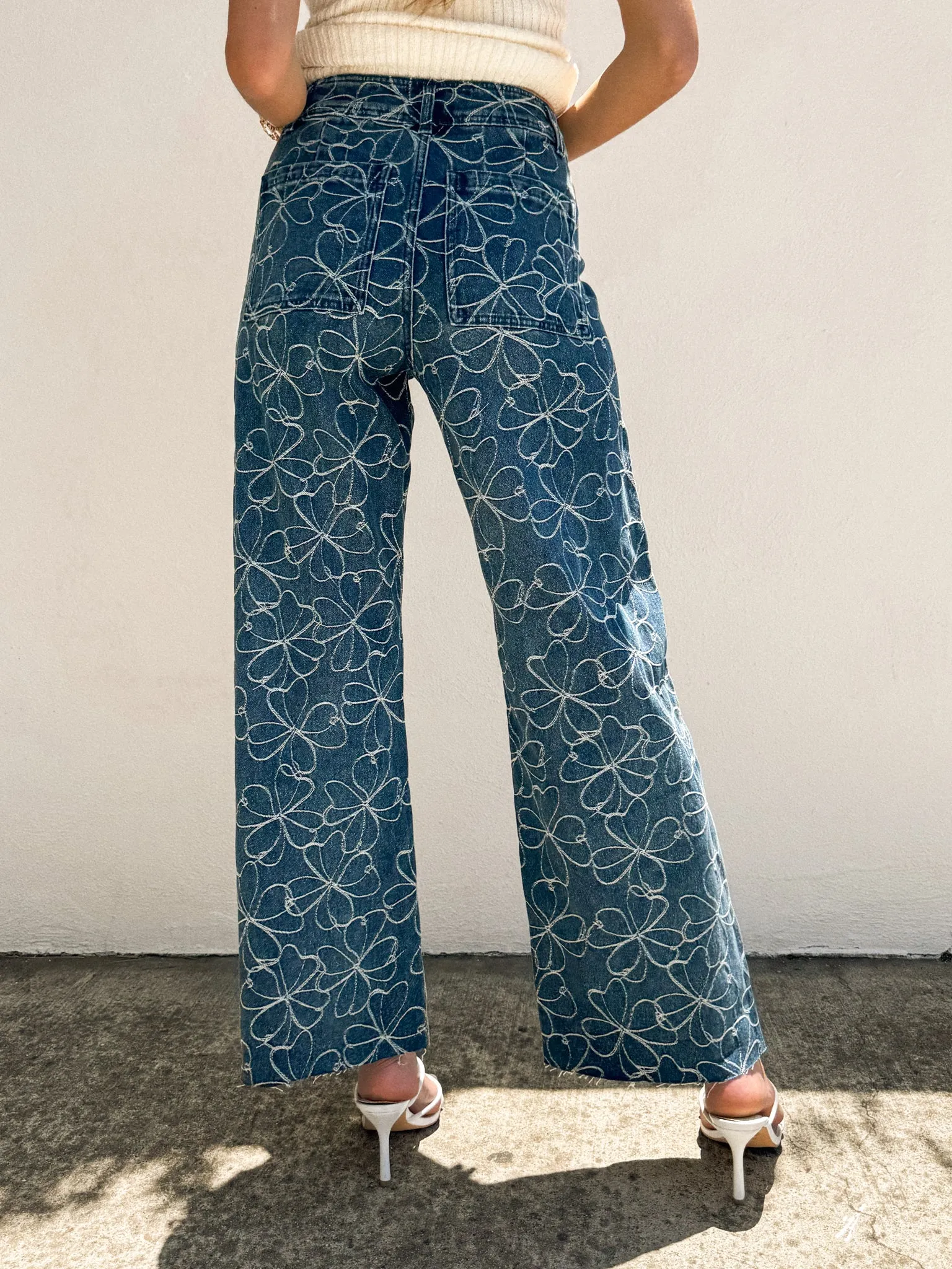 Layered Neckline Aster Floral Wide Leg Jeans - Final Sale