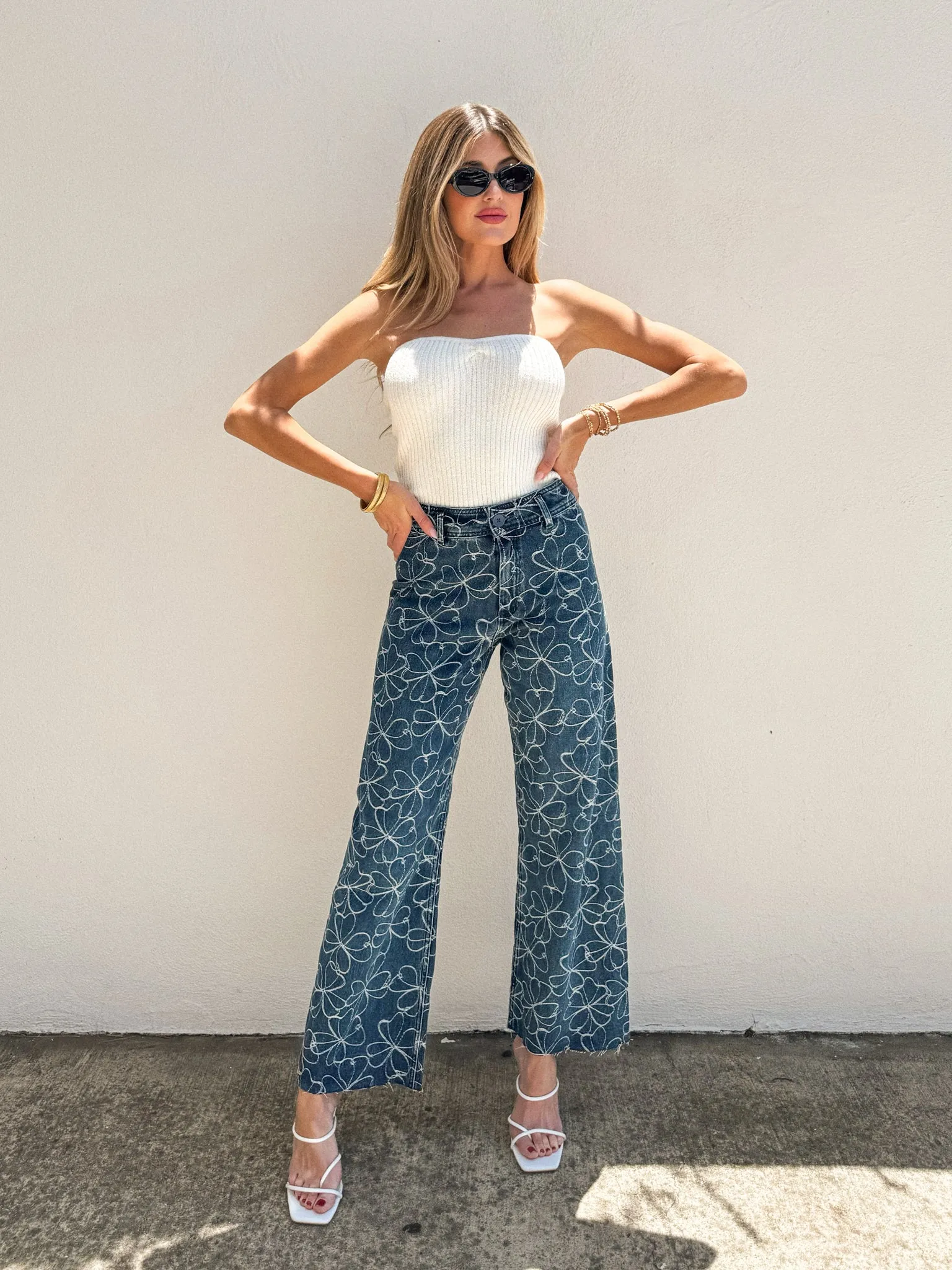 NonRestrictive Cuff Design Weekend Ready Aster Floral Wide Leg Jeans - Final Sale