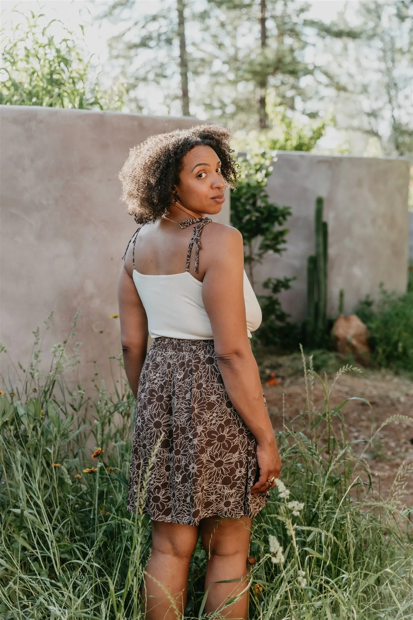 Versatile Knit Plush Interior Minnie Top in Oat Modal with Brown Floral Straps