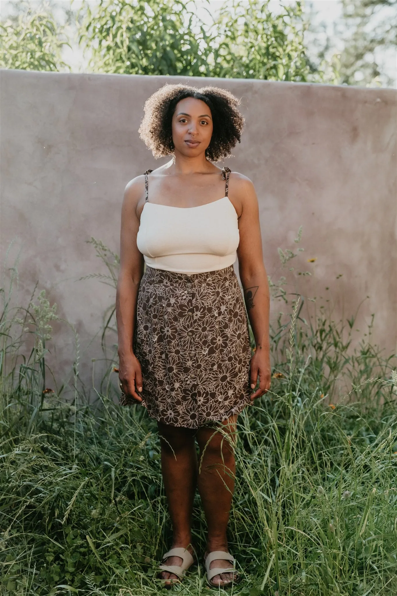 Heathered Effect Casual Chic Minnie Top in Oat Modal with Brown Floral Straps