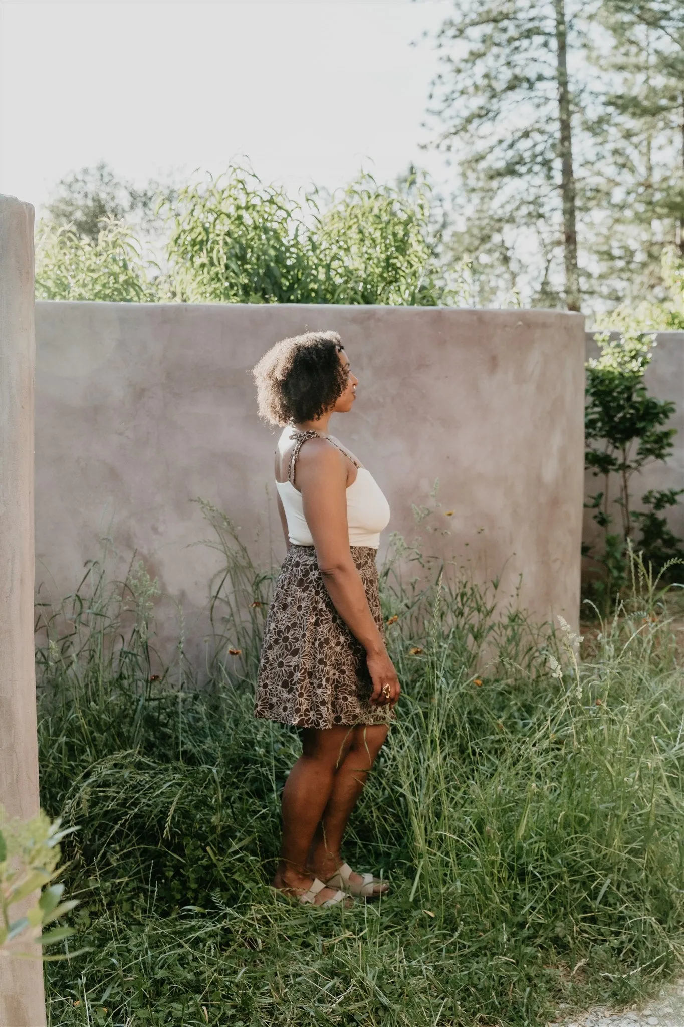 Abrasion Resistant Seams Minnie Top in Oat Modal with Brown Floral Straps