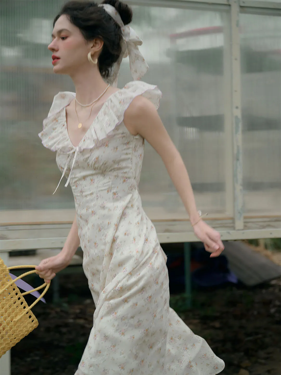 Sister Glow Danna Floral Embroidery Printed V-neck Bow Ruffle Sleeve Dress