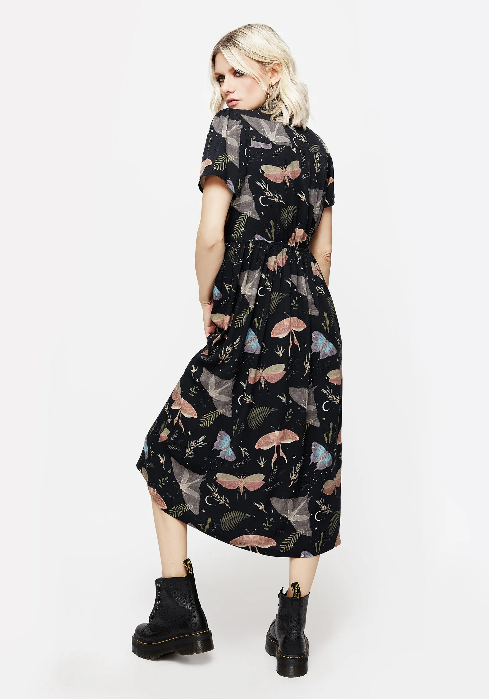 Smooth Drape Layered-Sleeve Nightmoth Midi Shirt Dress
