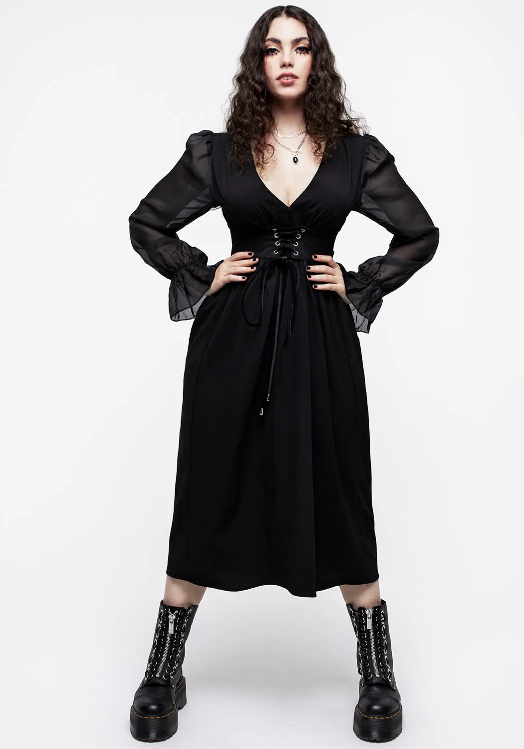 Banished Lace Up Sheer Sleeve Midi Dress Loose Fit Playful-Detail