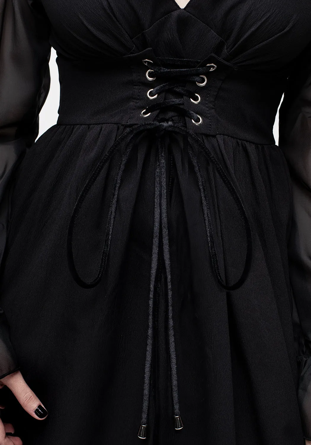 Soft Material Banished Lace Up Sheer Sleeve Midi Dress