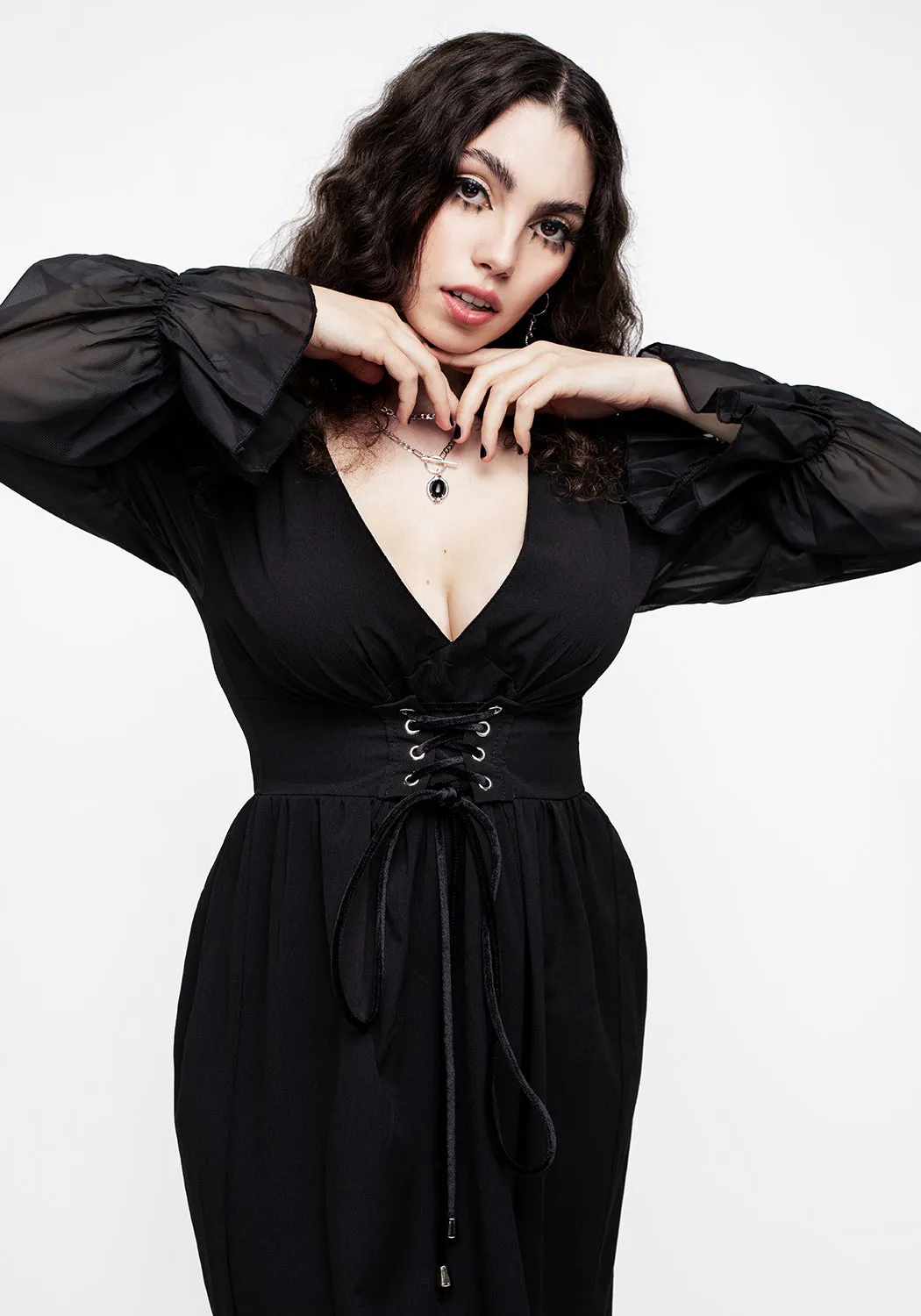 Office Classic Banished Lace Up Sheer Sleeve Midi Dress