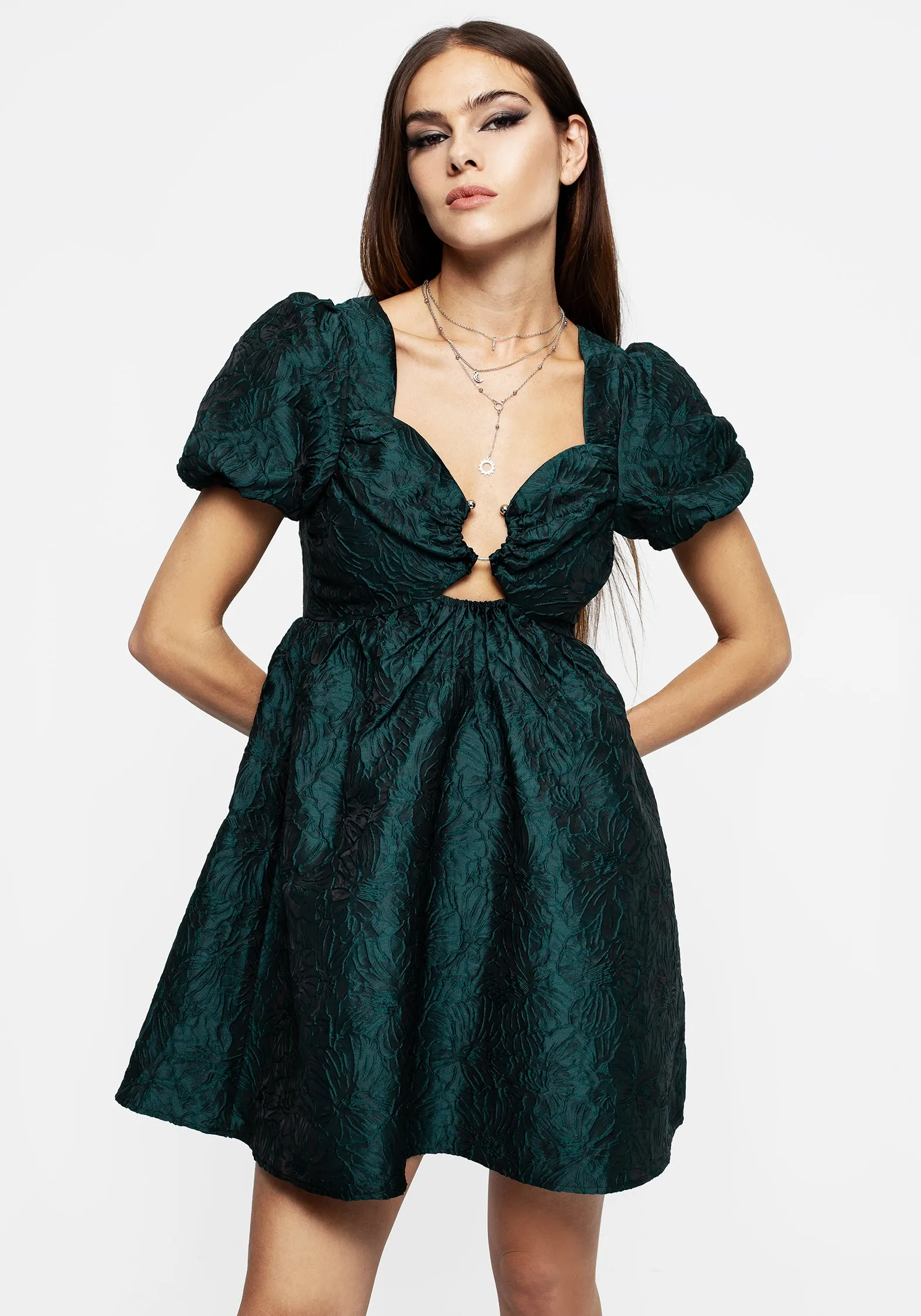 Raw-Hem Tiffany Jacquard Puff Sleeve Mini Dress - Green