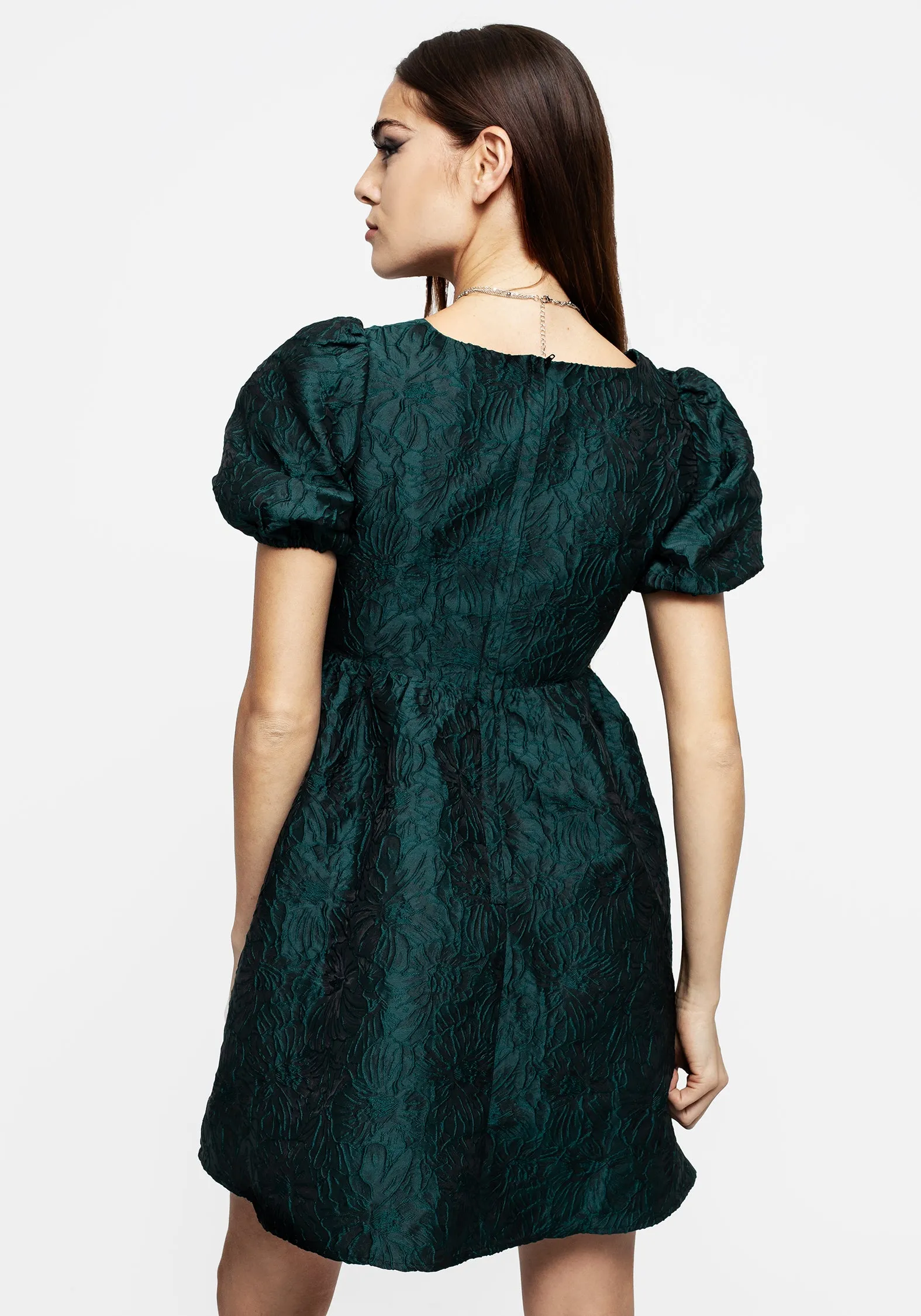 Tiffany Jacquard Puff Sleeve Mini Dress - Green Beauty Zone Elegant Mood