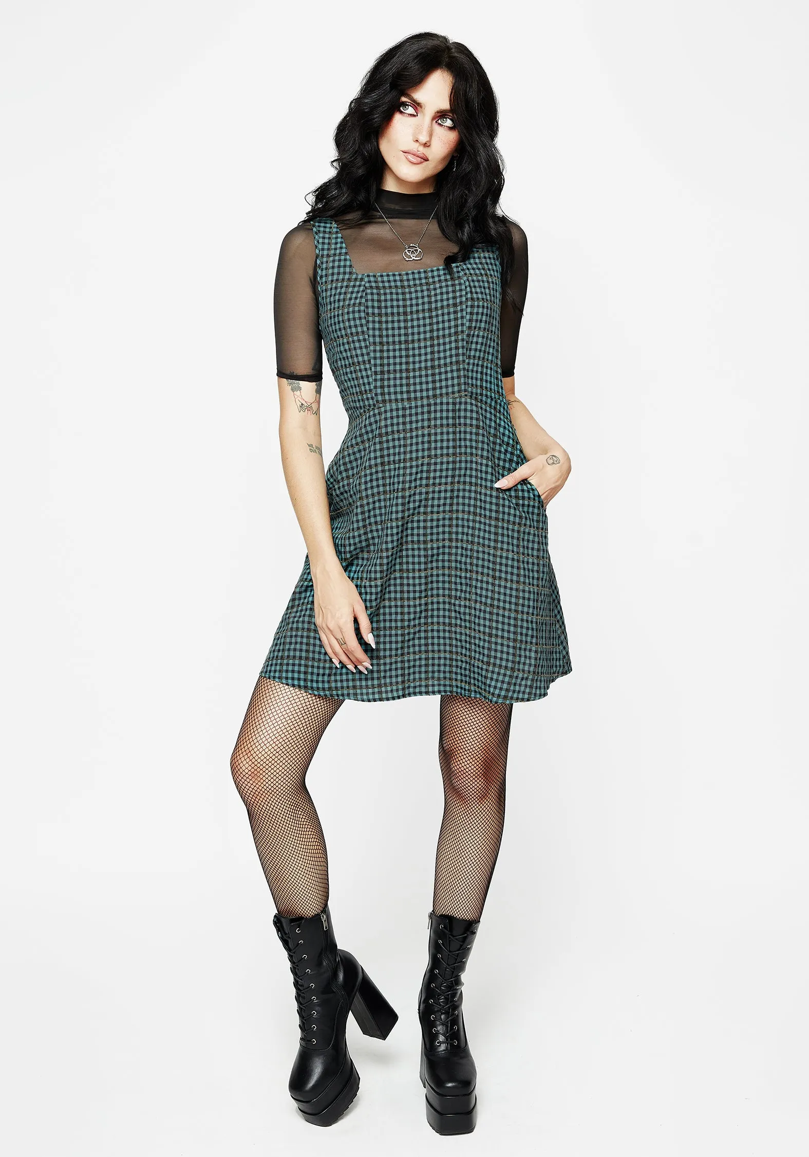 Restless Check Mini Apron Dress WaterRepellentCoating StretchableKnit