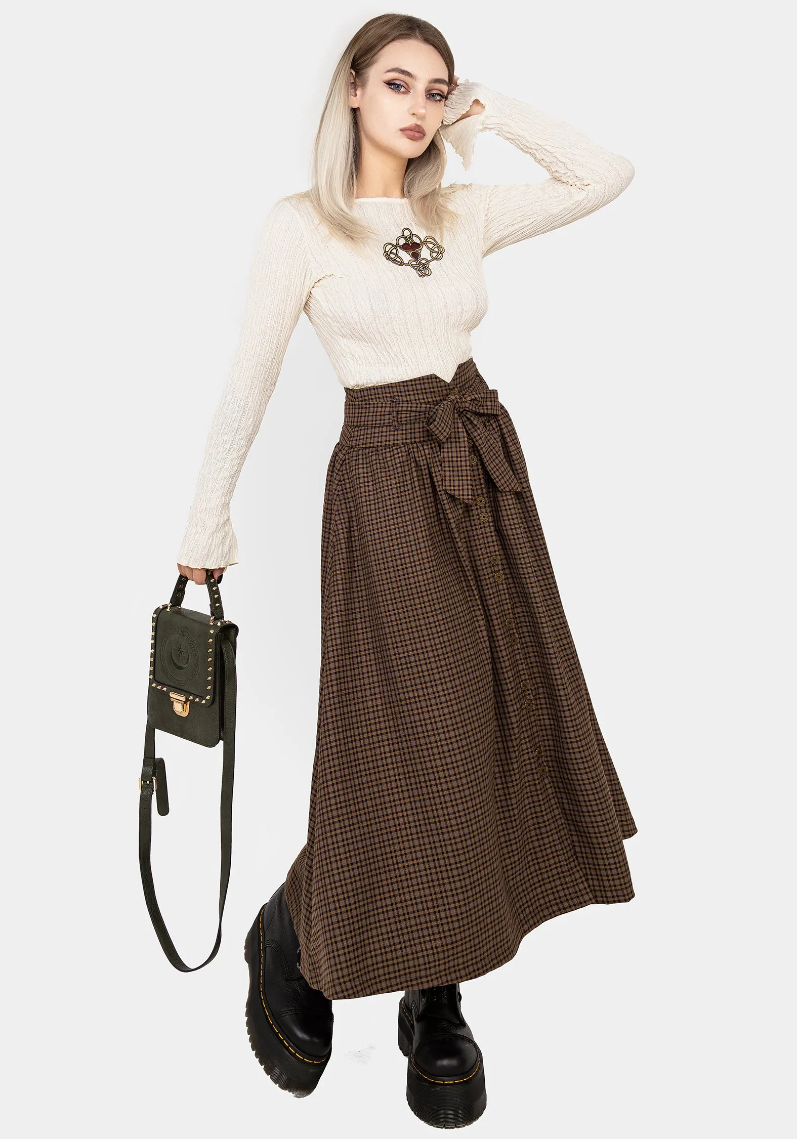 Daily Fashion Anti Static Lining Sweetspire Check Tie Waist Midaxi Skirt