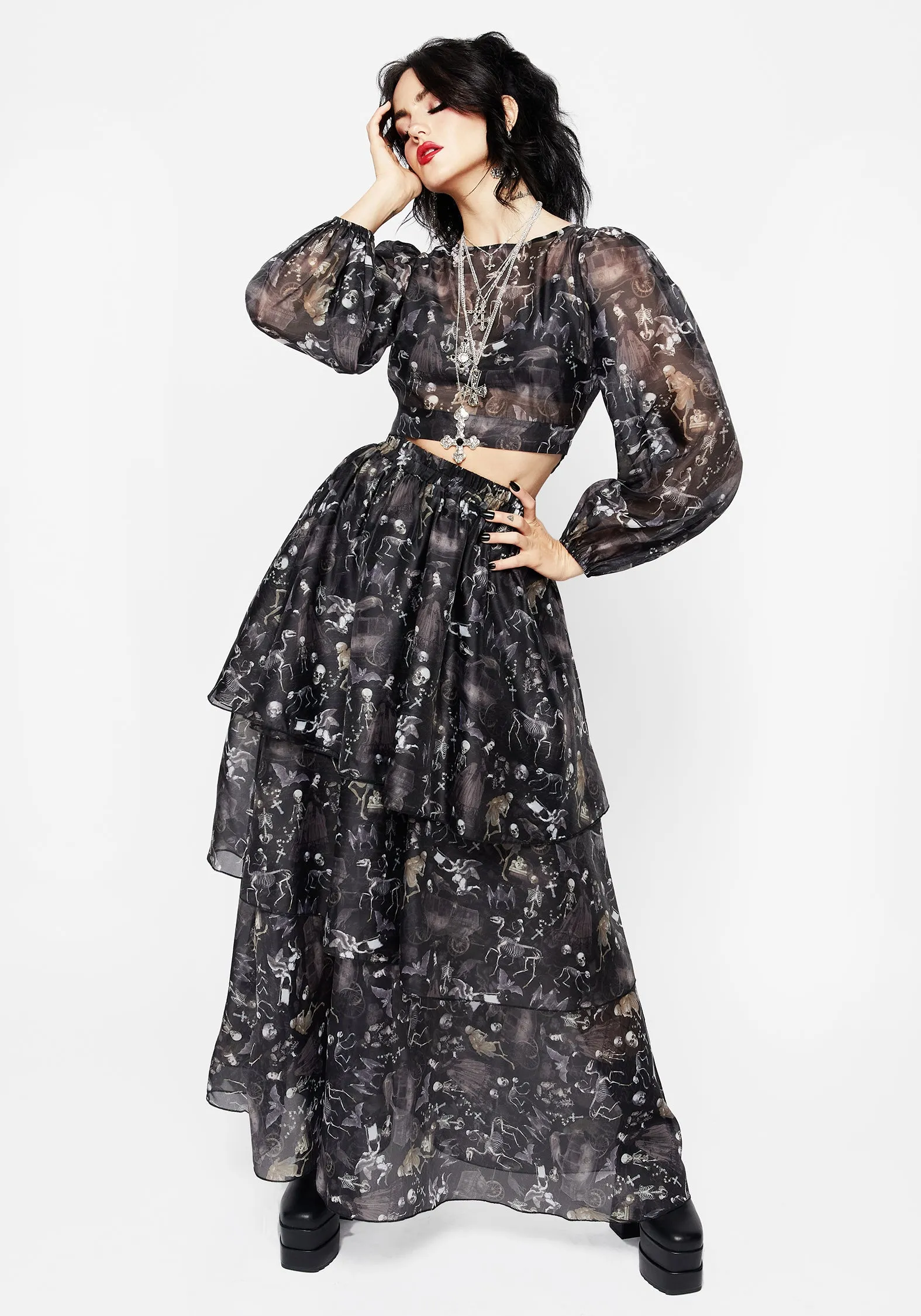 Melancholia Puff Sleeve Tie Back Organza Crop Top SoftFeel Fabric