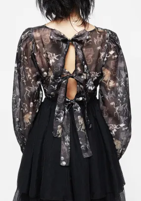 Melancholia Puff Sleeve Tie Back Organza Crop Top Active Wear Ribbed Trims