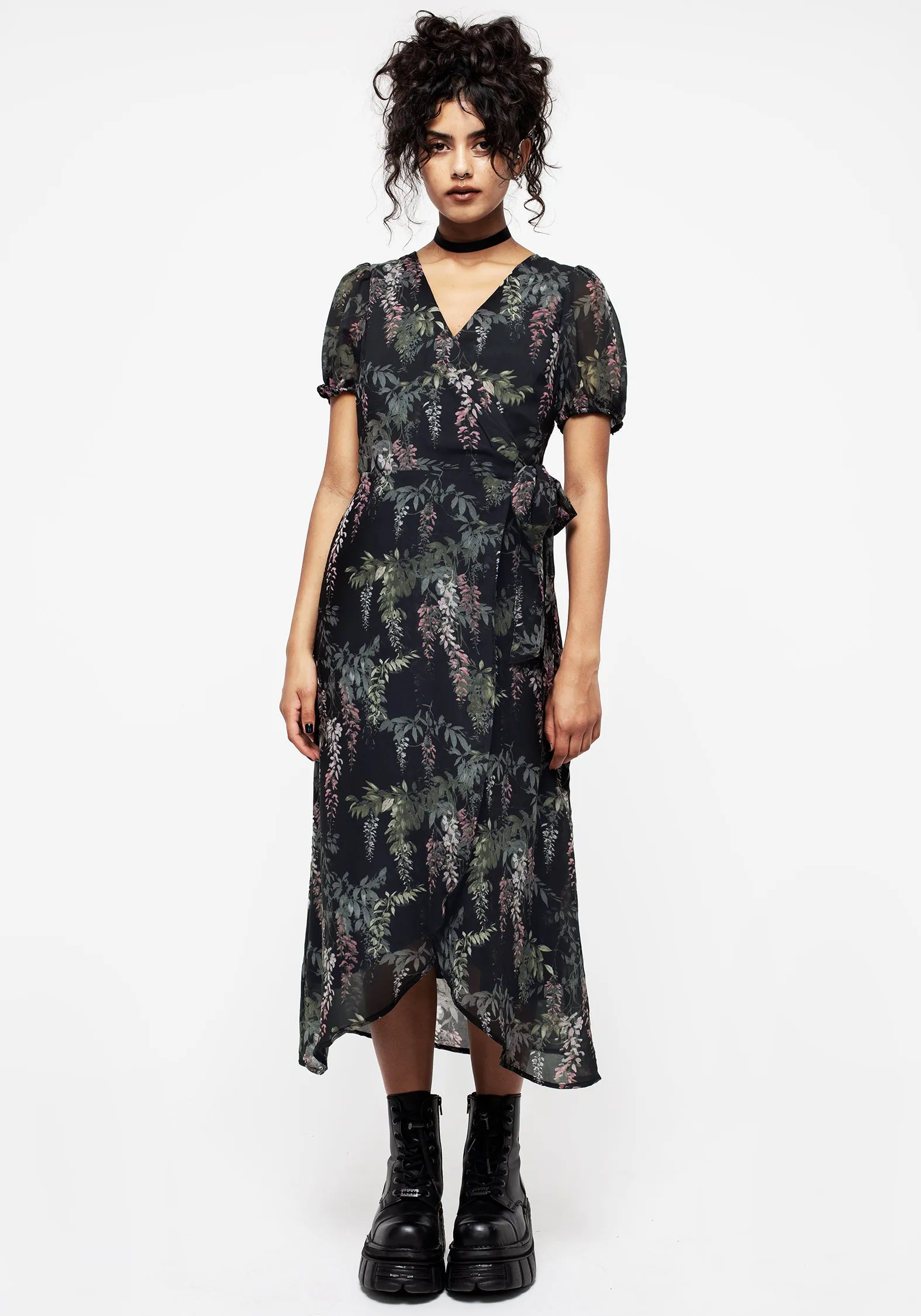 Trendy pick Wisteria Floral Print Chiffon Midi Wrap Dress