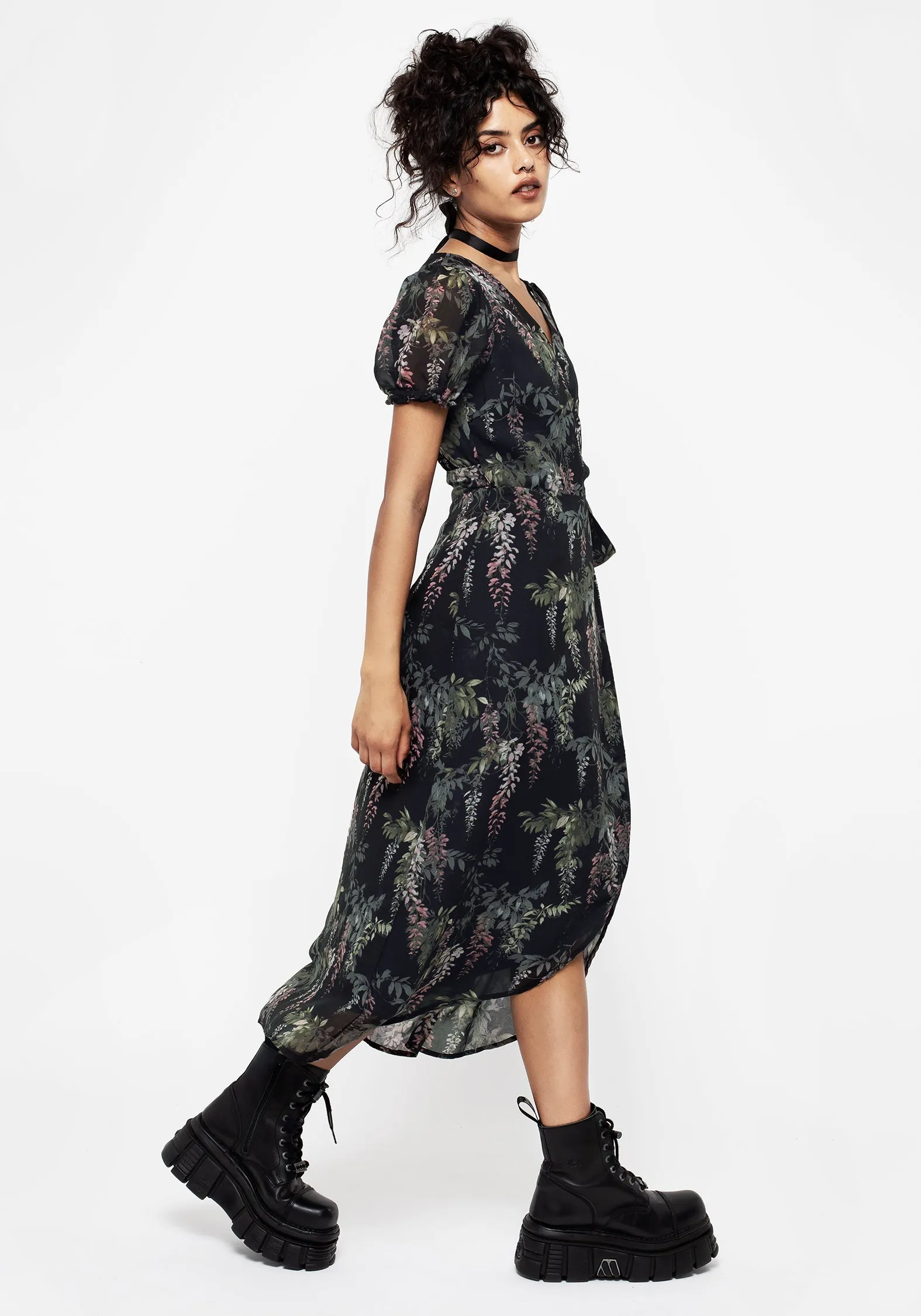 Seasonal Fit Cool Drape Wisteria Floral Print Chiffon Midi Wrap Dress