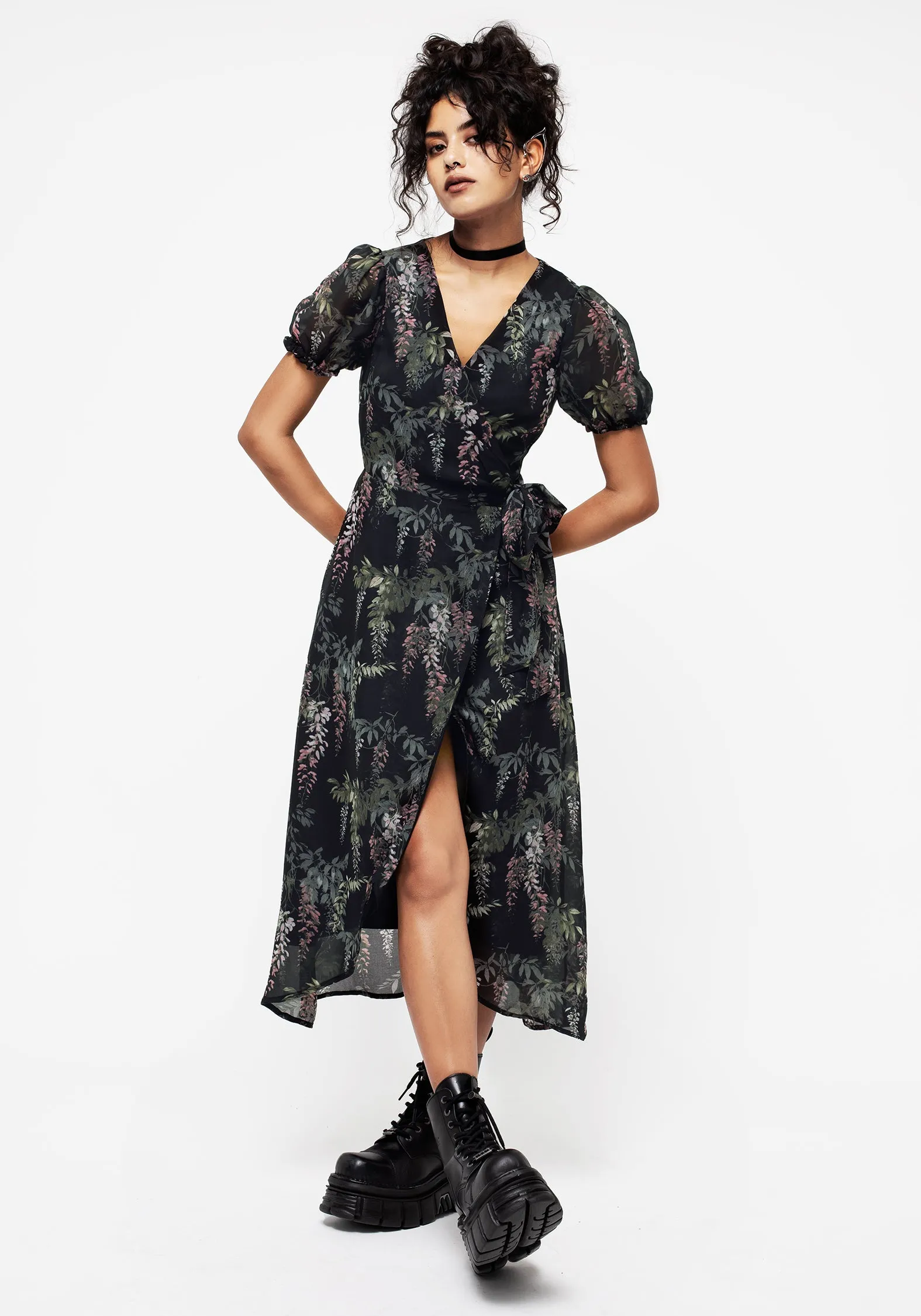 Wisteria Floral Print Chiffon Midi Wrap Dress Effortless Pair Soft Balance