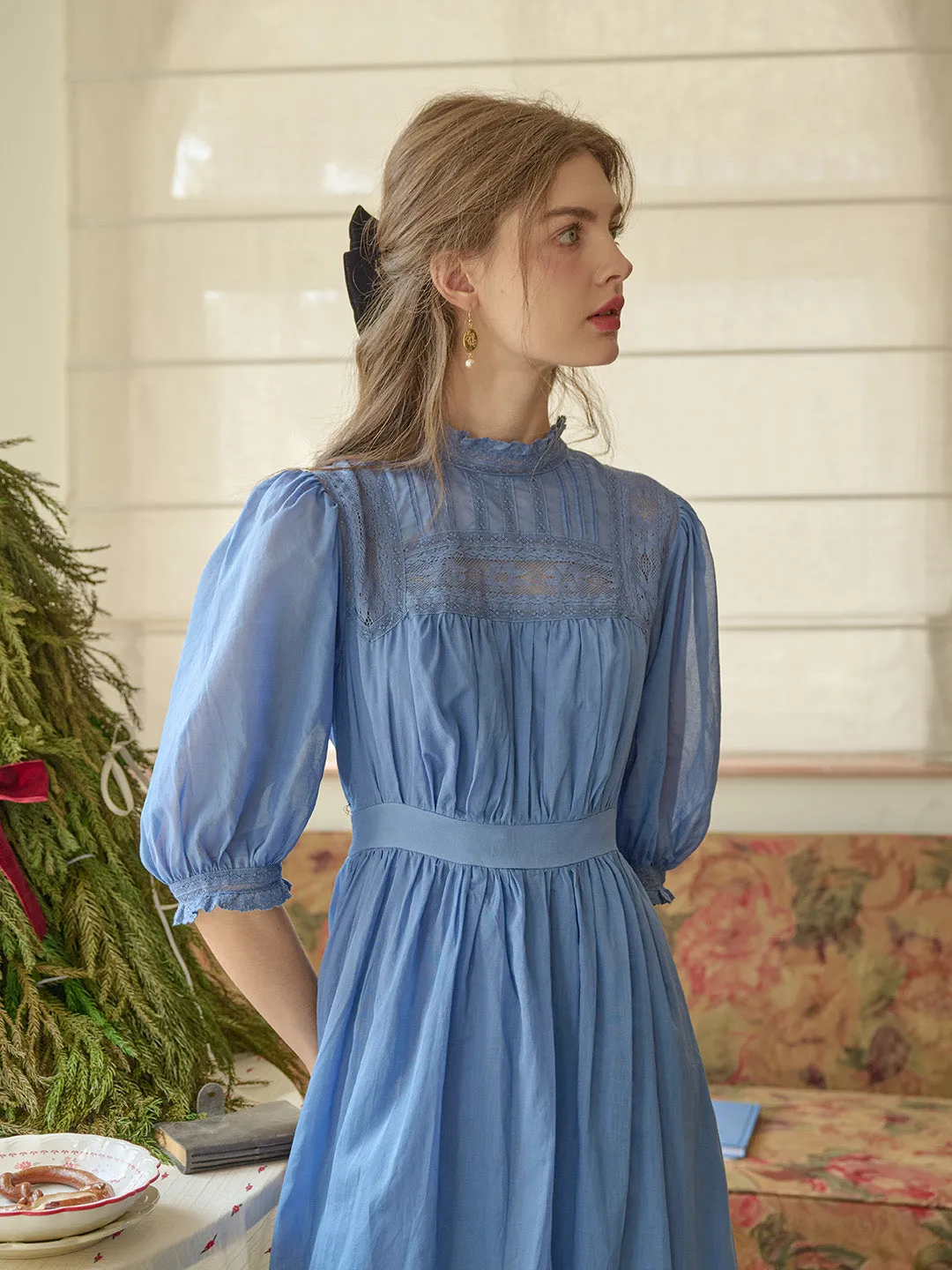 Averie Lace Panel Blue Dress Vintage-Inspired