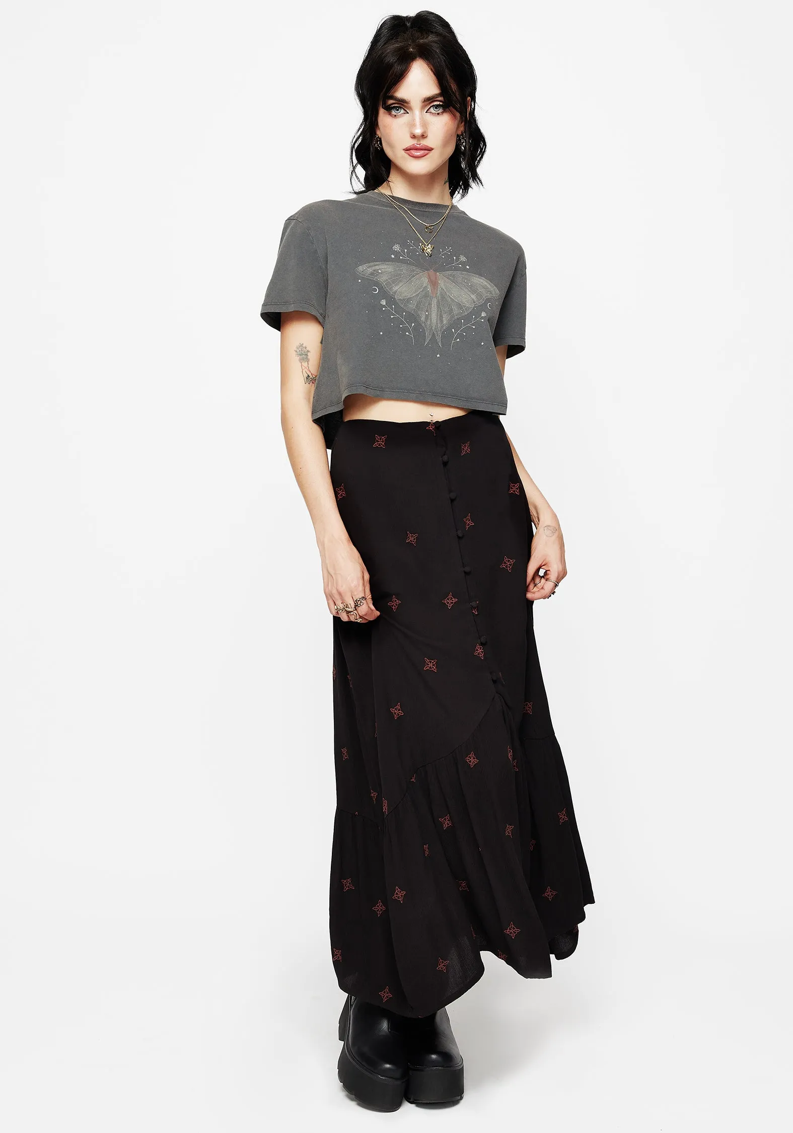 Sublime Witches Knot Embroidered Button Down Midaxi Skirt Side Pockets