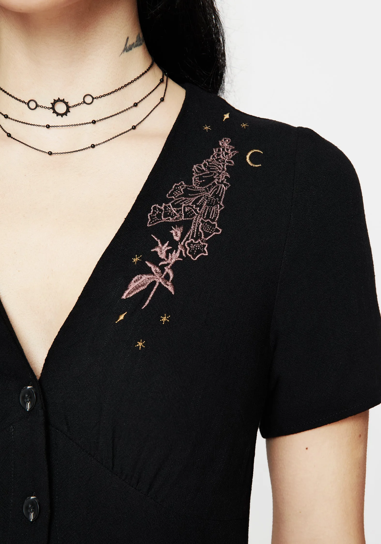 Foxglove V Neck Mini Dress Lace-Sleeve