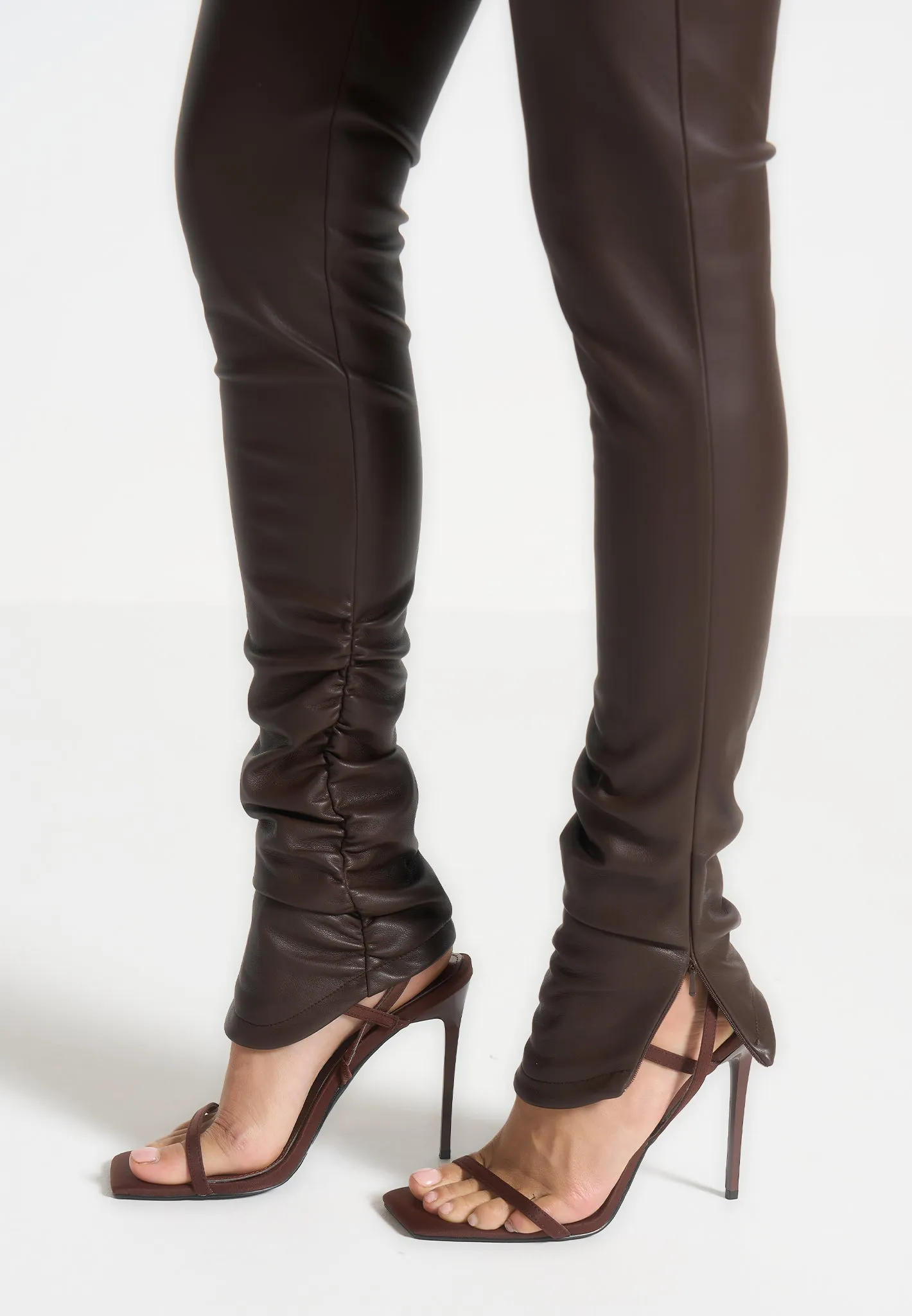 Clara - Leather Angled Waistband Leggings - Brown Four Way Morning Jog Balanced Stretch