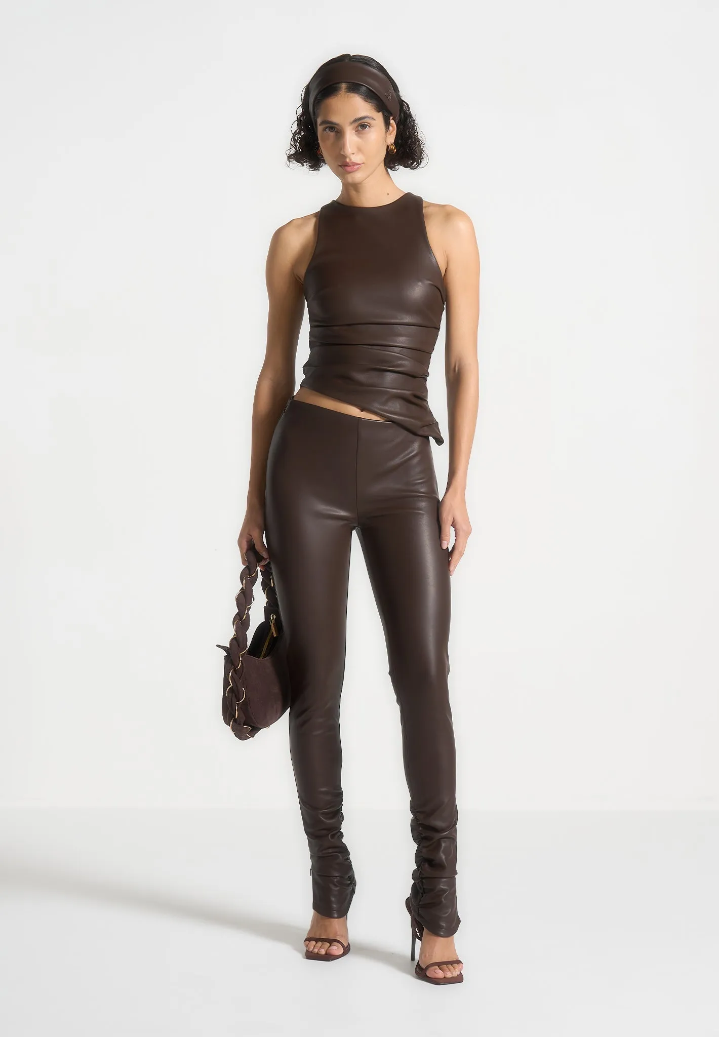 Clara - Leather Angled Waistband Leggings - Brown Abrasion resistant