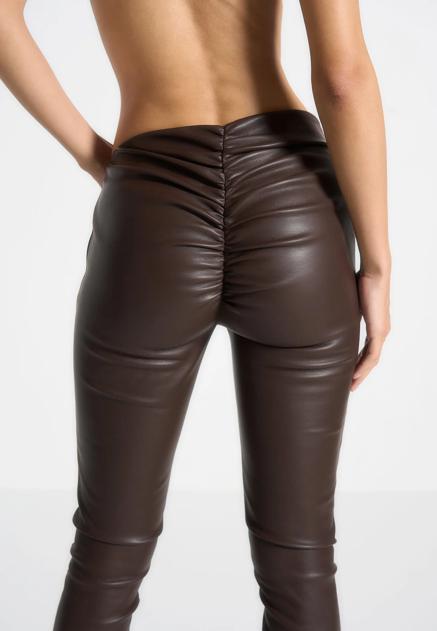Clara - Leather Angled Waistband Leggings - Brown Compression Support Travel Enthusiast Weekend Trip Minimalist Style