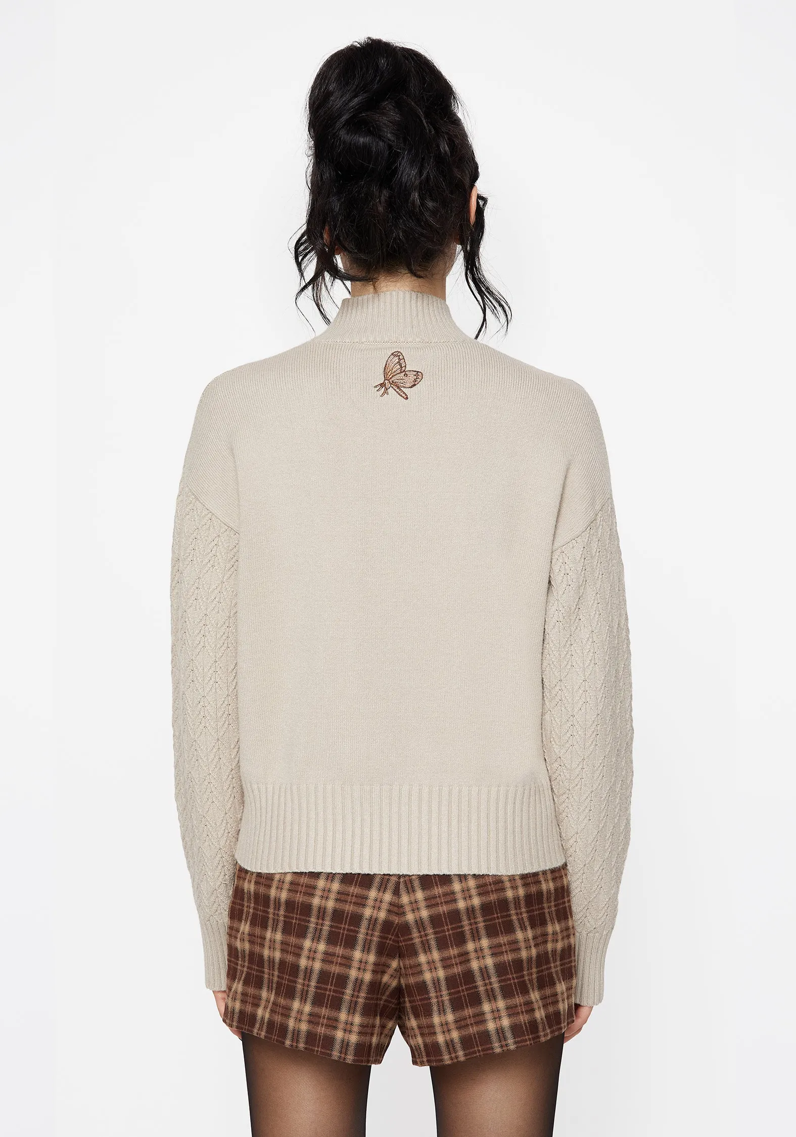 Button Down Collar Style Enya Acorn Embroidered Cable Knit Jumper Tonal Stitching