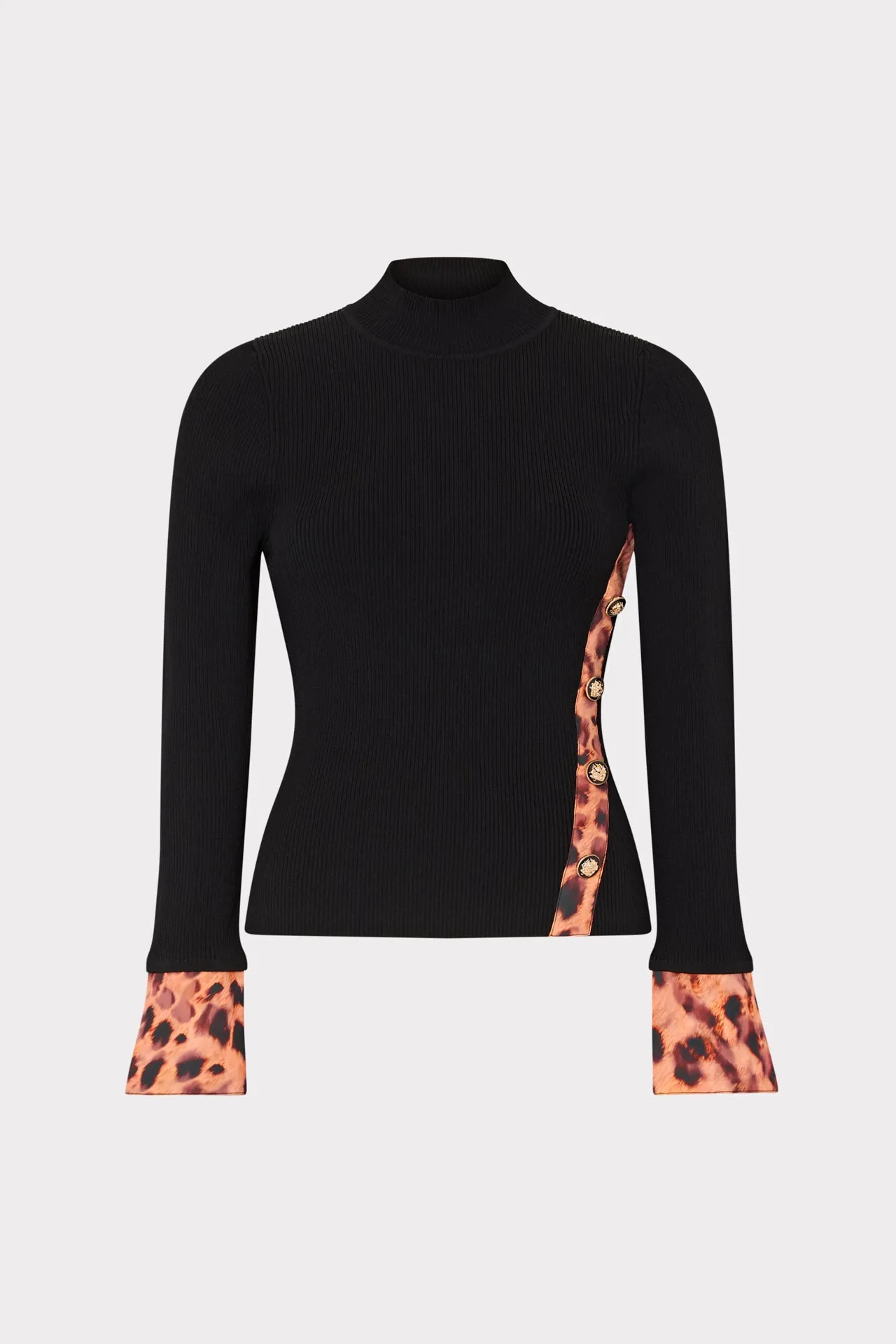 Flexible Ribbed Cuffs HighCollar Design Printed Satin Cuff Knit Mock Neck Top