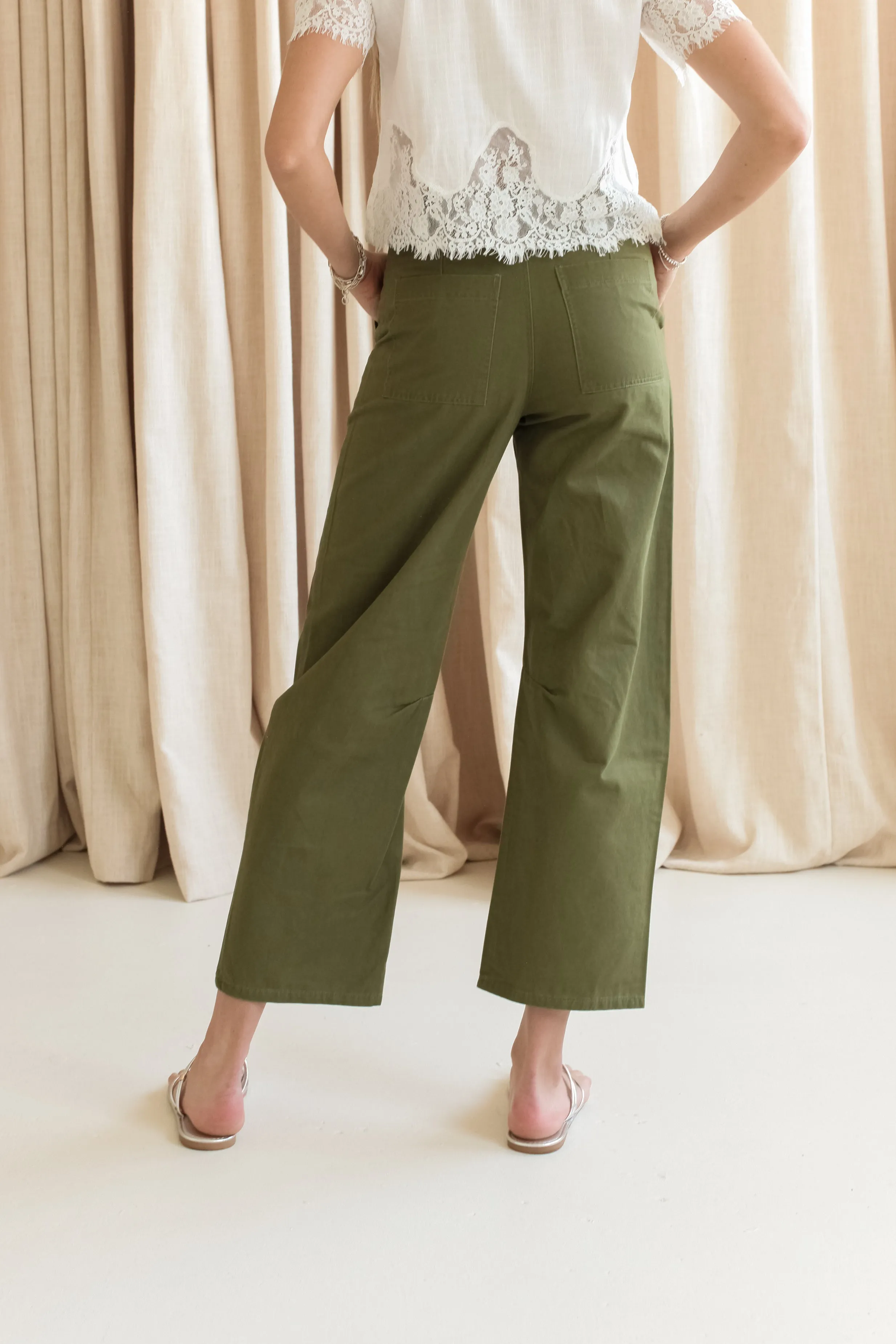 Allie Barrel Leg Pants- Olive Smooth Feel