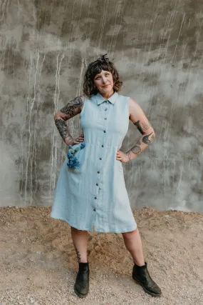 Shiny Zip Mona Dress in BB Blue Texture Cotton