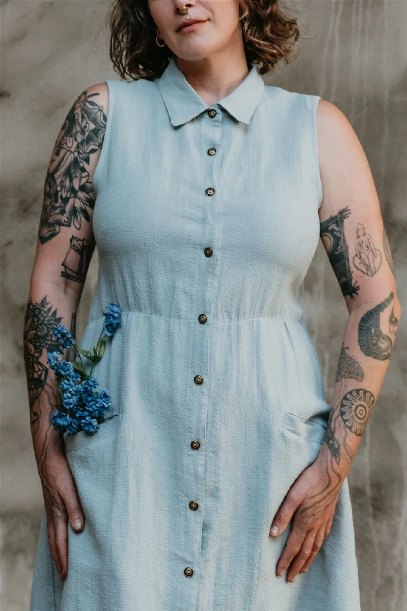 Mona Dress in BB Blue Texture Cotton Movement Feel Sophisticated cocktail dress