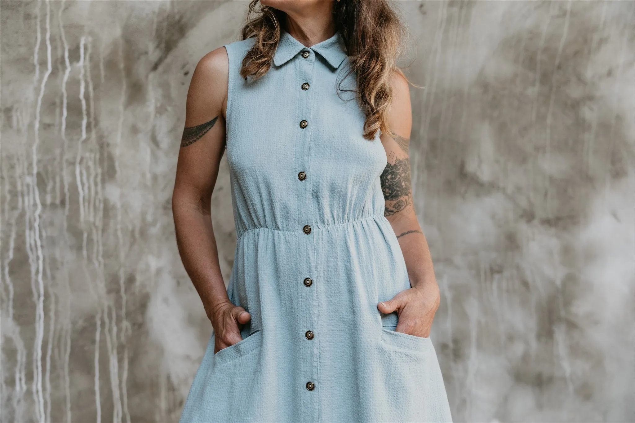 Mona Dress in BB Blue Texture Cotton Light Touch