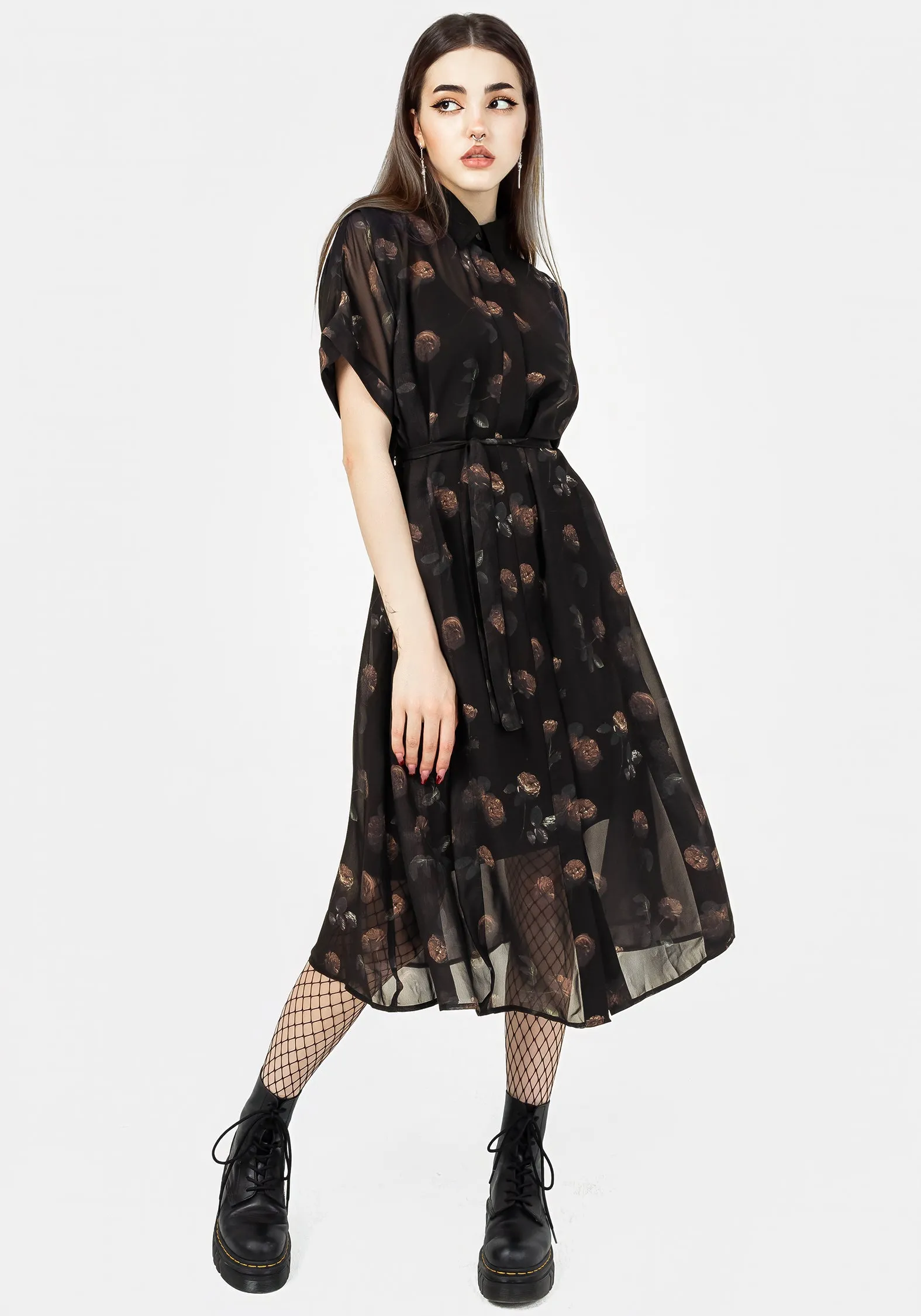Monica Floral Chiffon Midi Shirt Dress Cut-Out-Detail Light Silhouette
