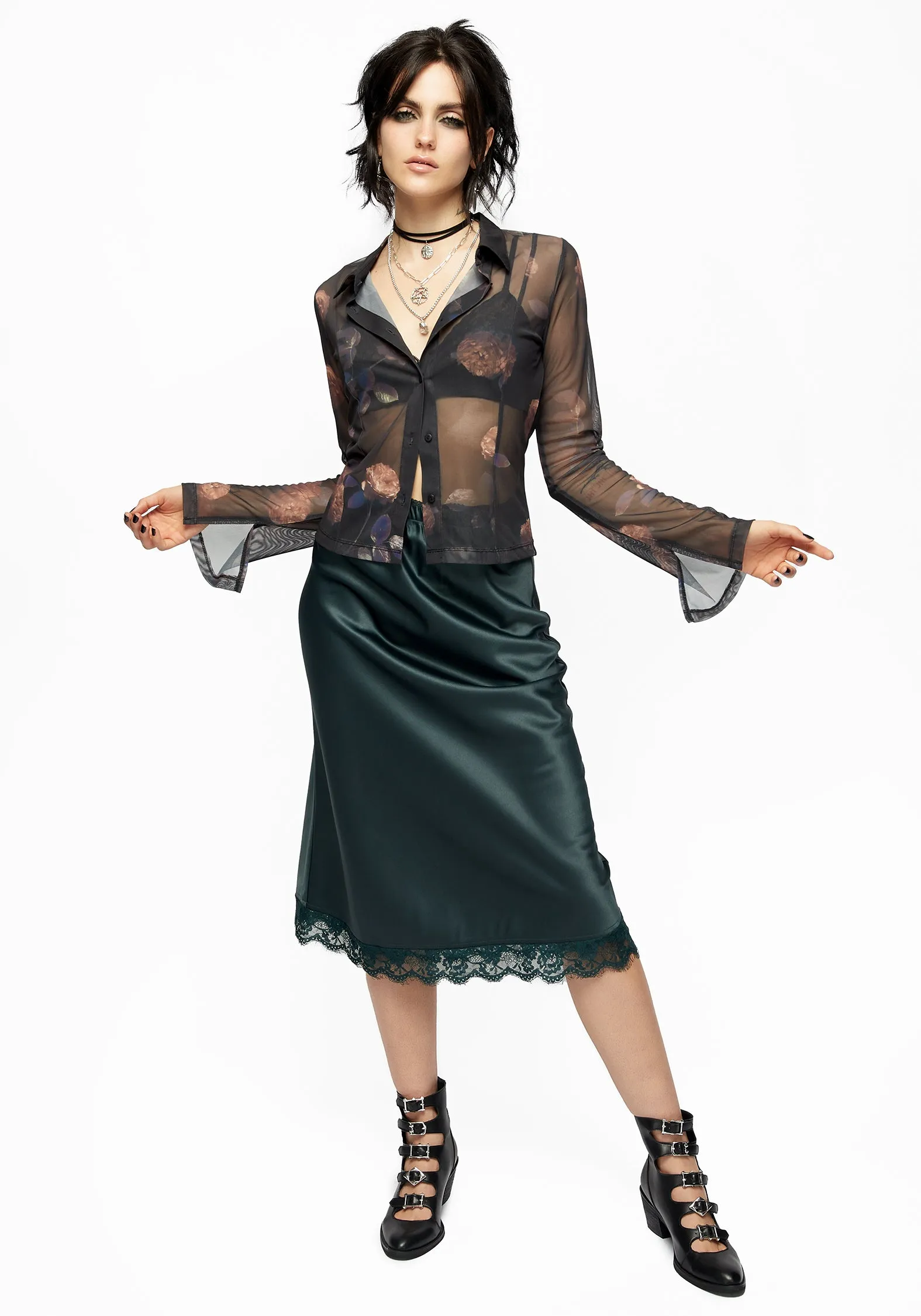 Monica Floral Mesh Fitted Shirt Ribbed Trim Elegant Blouse