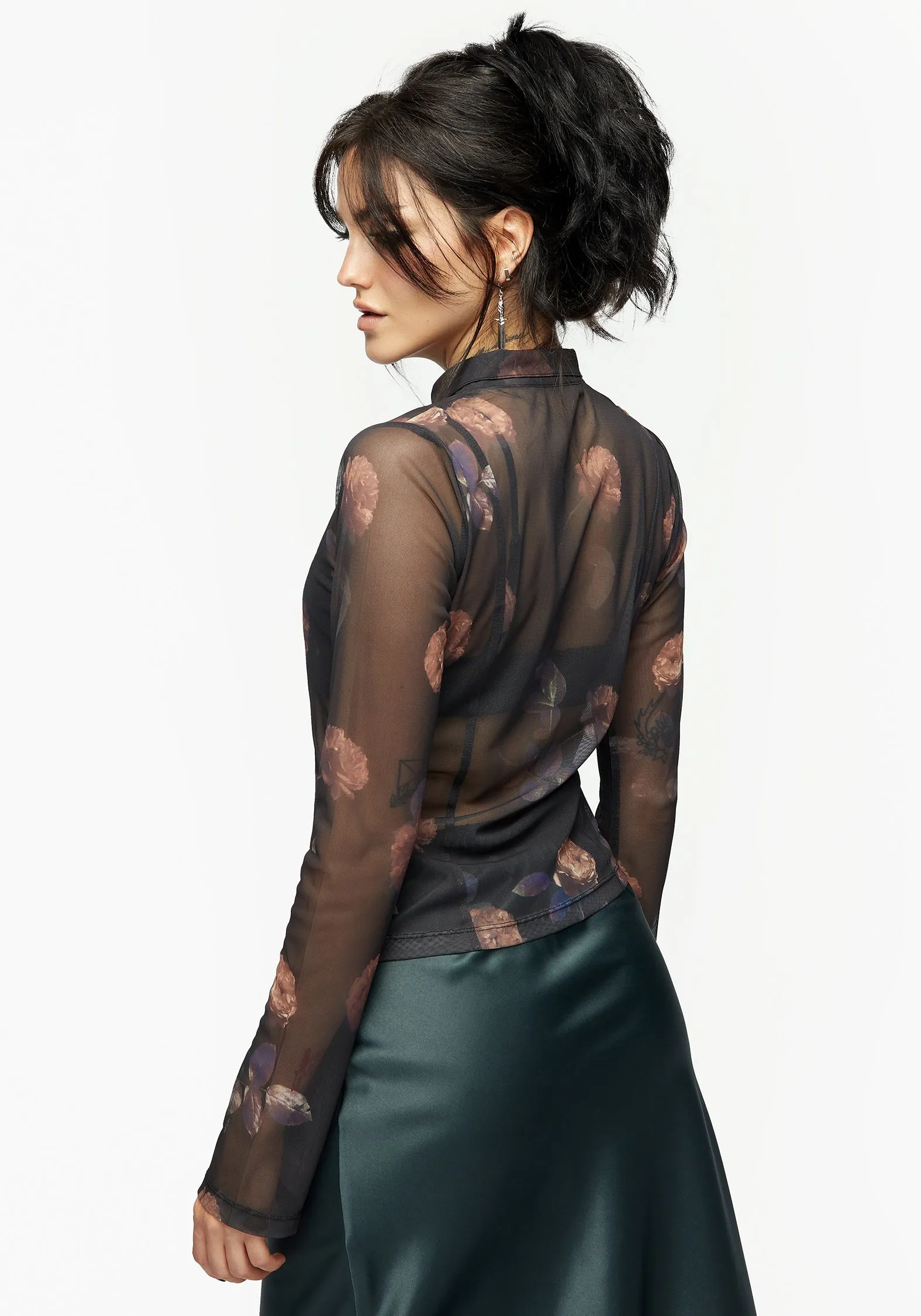 Monica Floral Mesh Fitted Shirt PocketDetails Tailored Placket